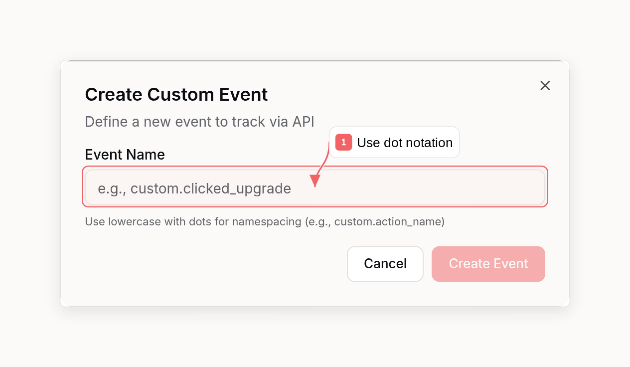 Sequenzy custom event dialog with a callout showing dot-notation naming
