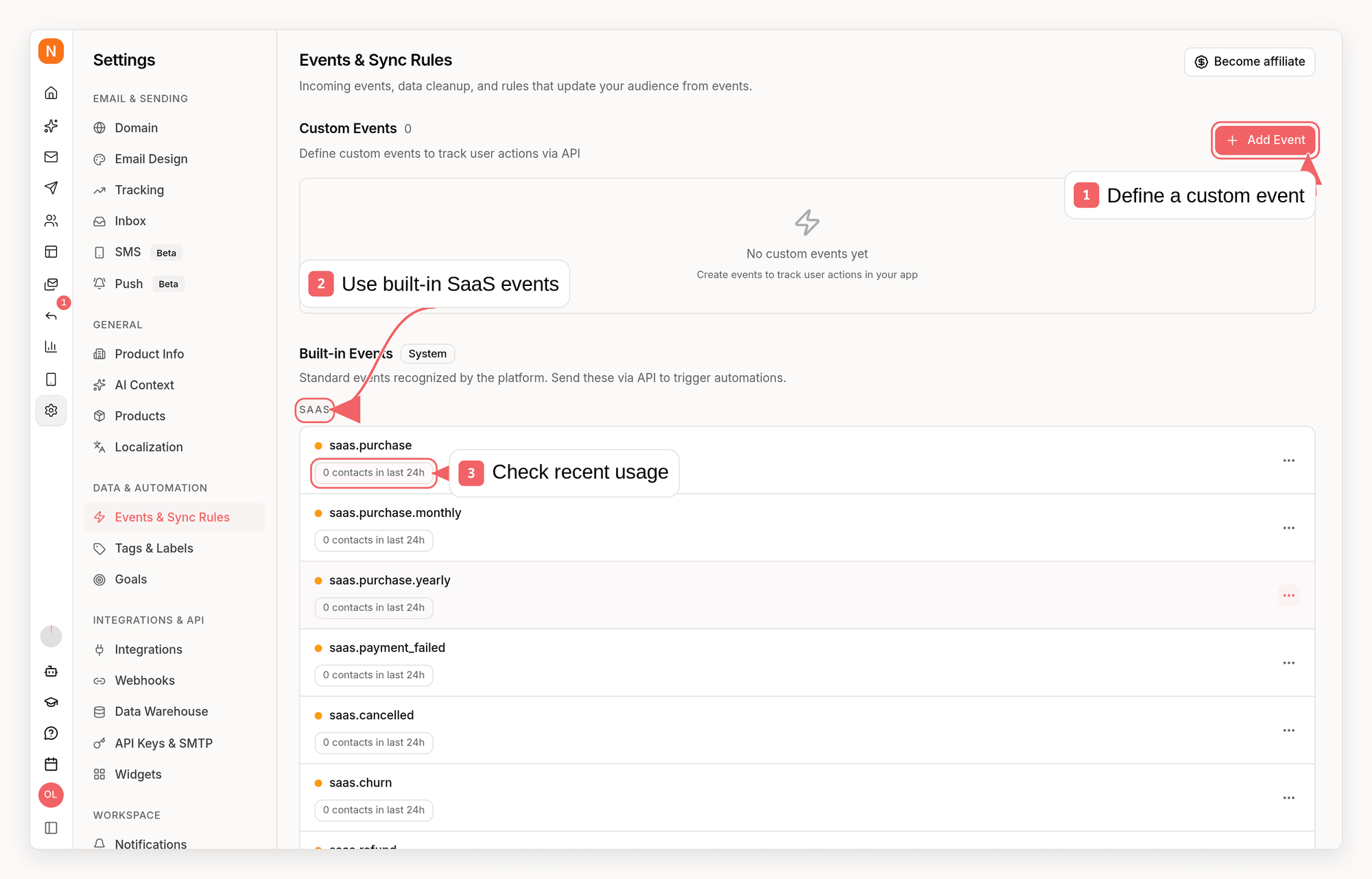 Sequenzy events settings with callouts showing custom and built-in event definitions