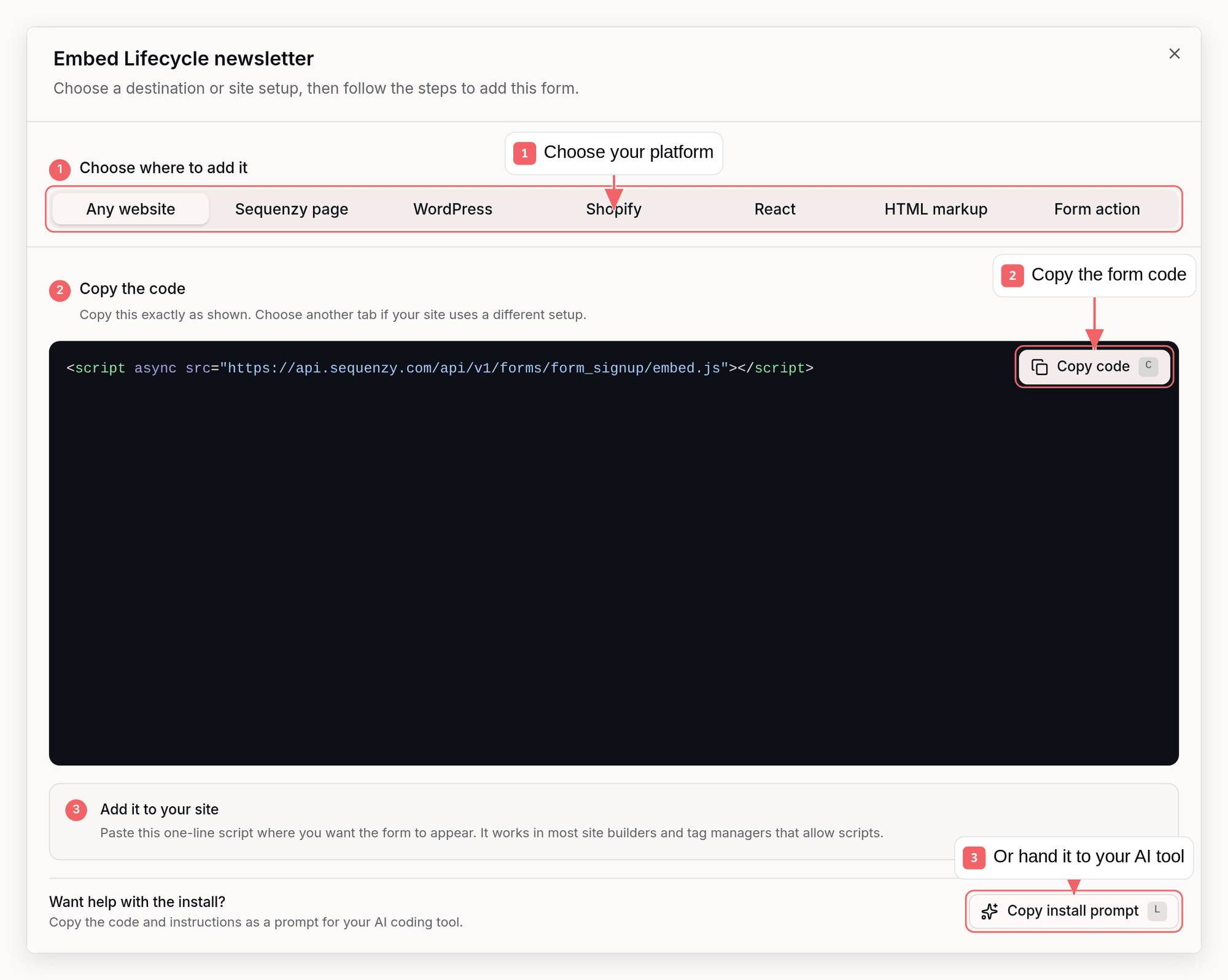 Sequenzy form code dialog with callouts showing install methods, copy controls, and an AI-ready prompt