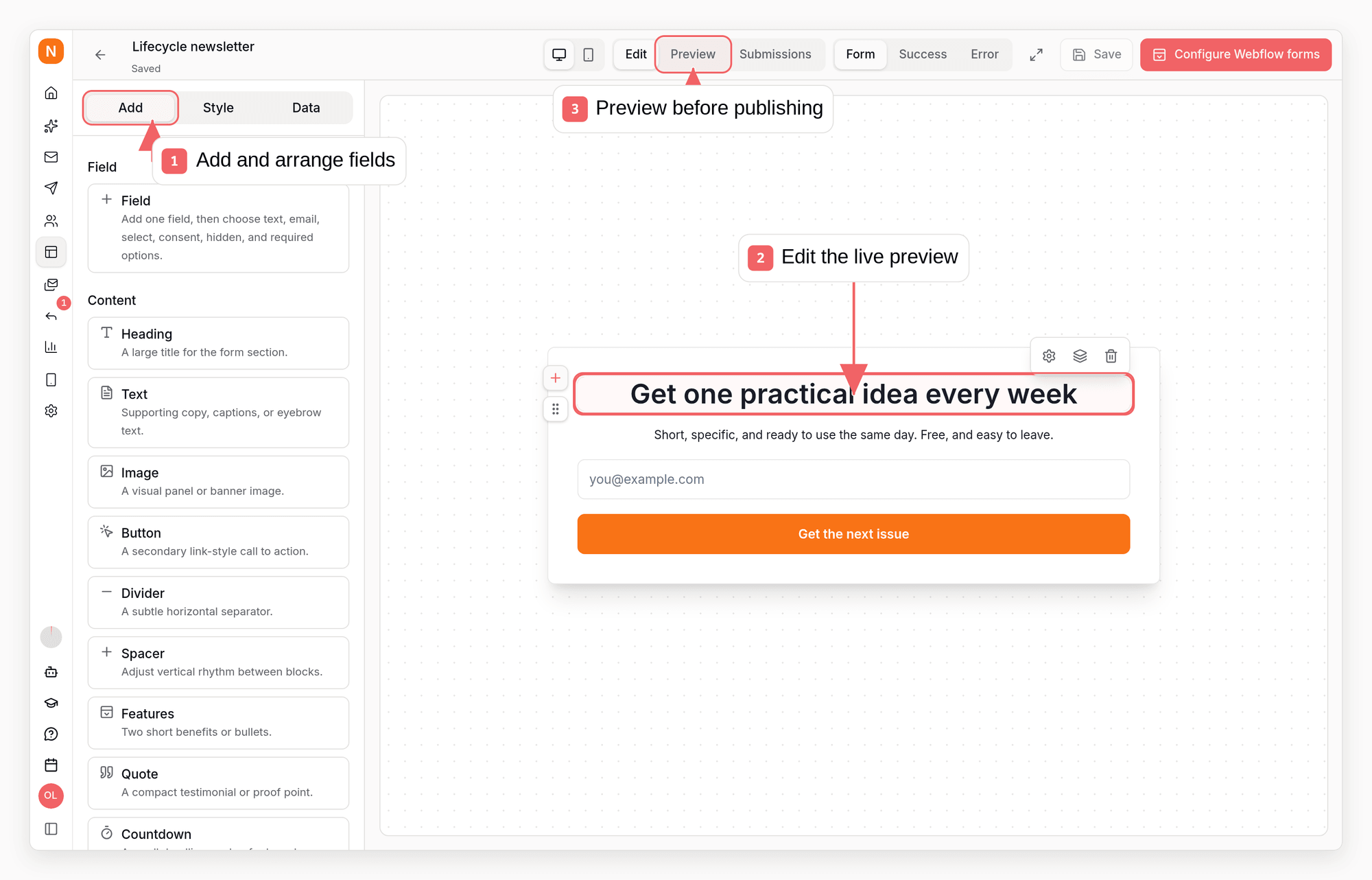 Sequenzy form editor with callouts showing fields, live editing, and preview controls