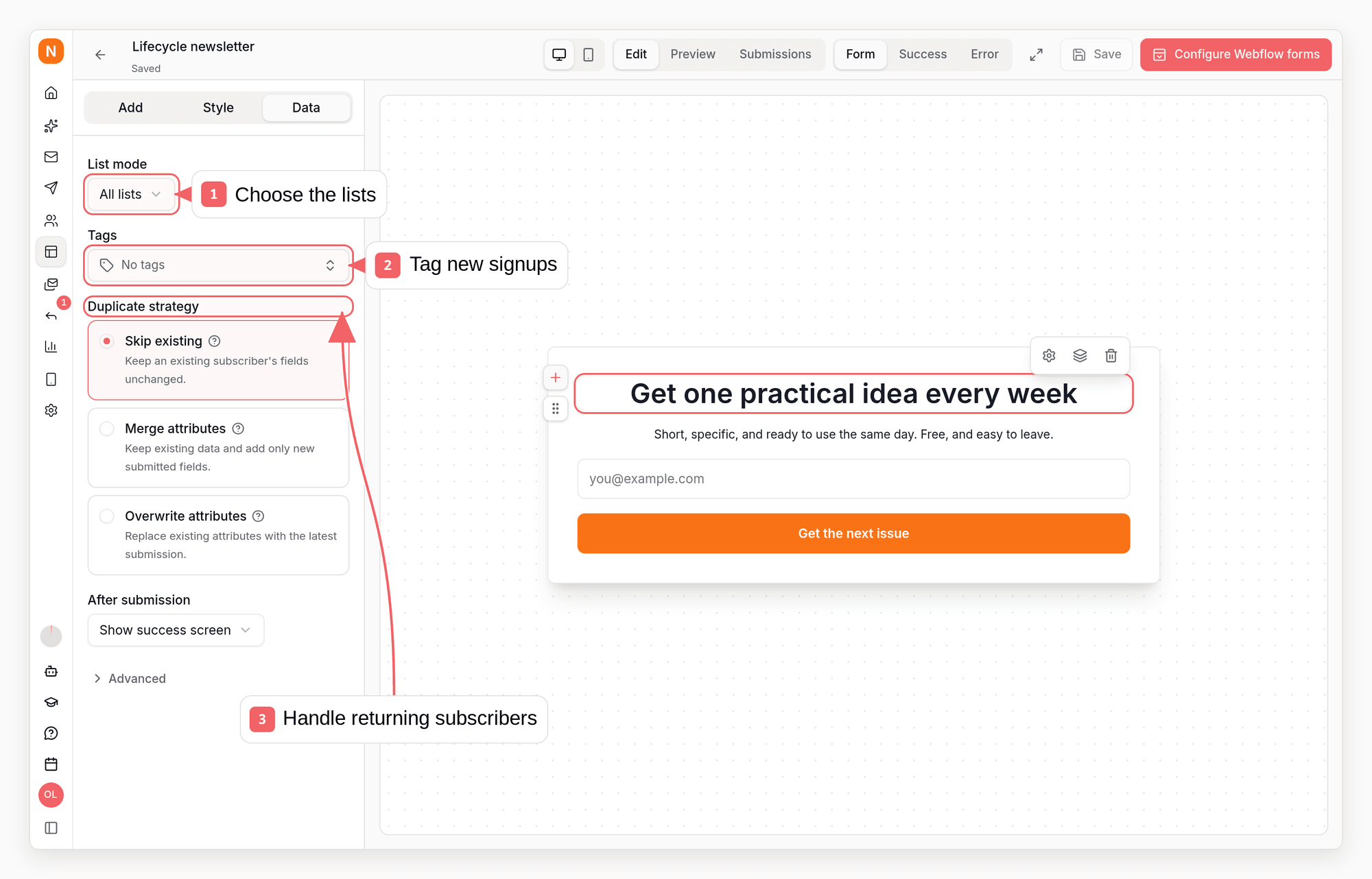 Sequenzy form integration dialog with callouts showing landing page and platform installation options