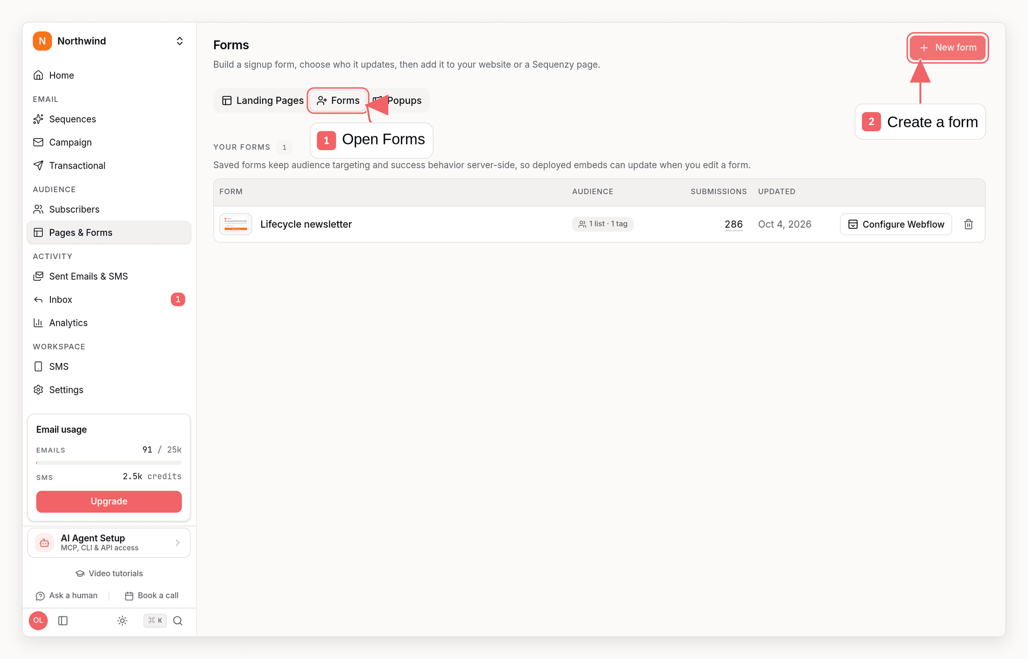 Sequenzy forms list with callouts showing saved forms and form creation