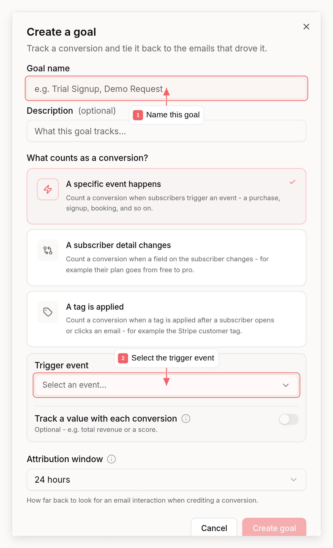 Sequenzy goal dialog with callouts showing conversion event and attribution settings