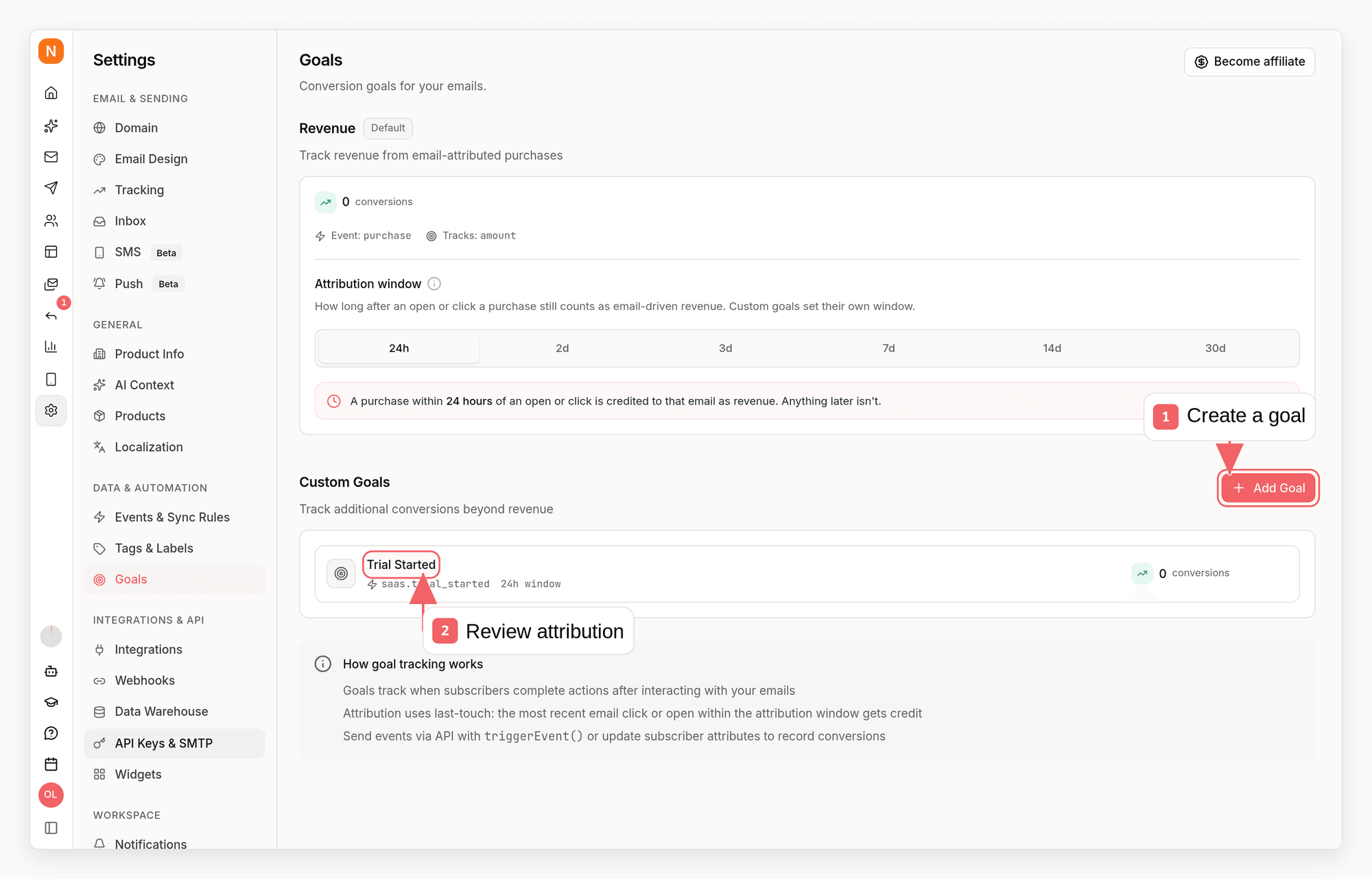 Sequenzy goal settings with callouts showing goal creation and attribution