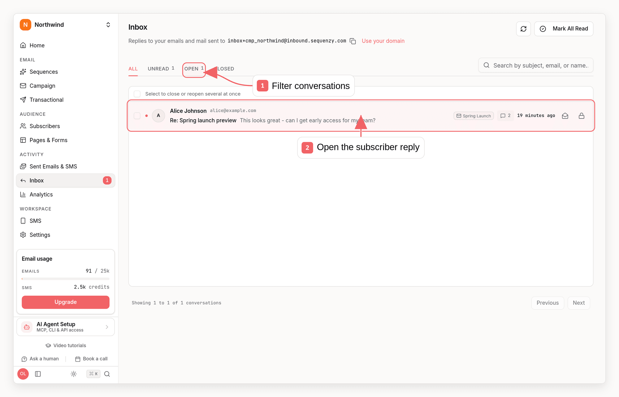 Sequenzy inbox with callouts showing conversation filters and subscriber replies