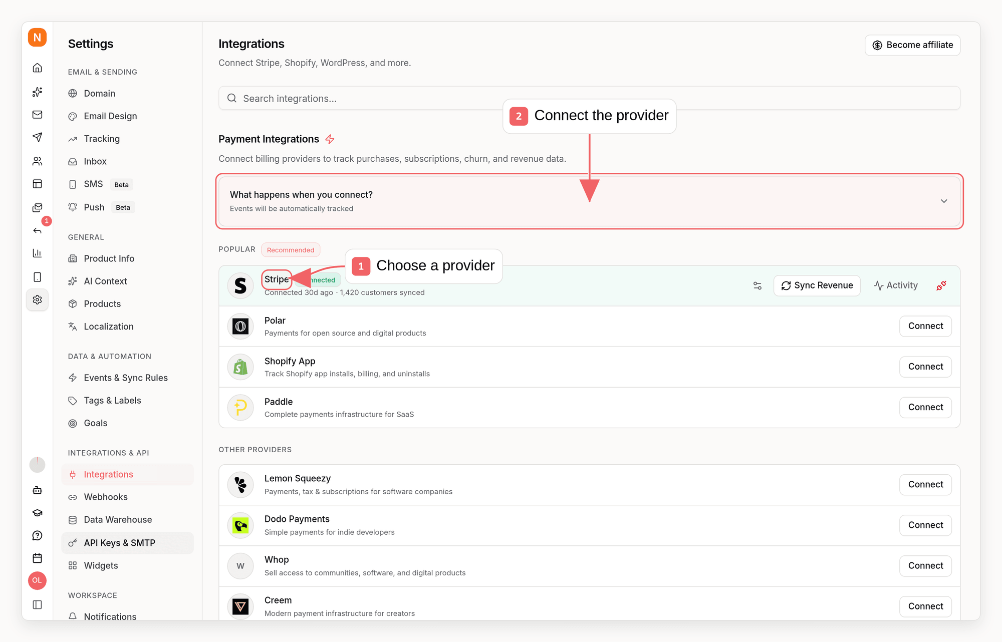 Sequenzy integrations directory with callouts showing how to choose and connect a provider