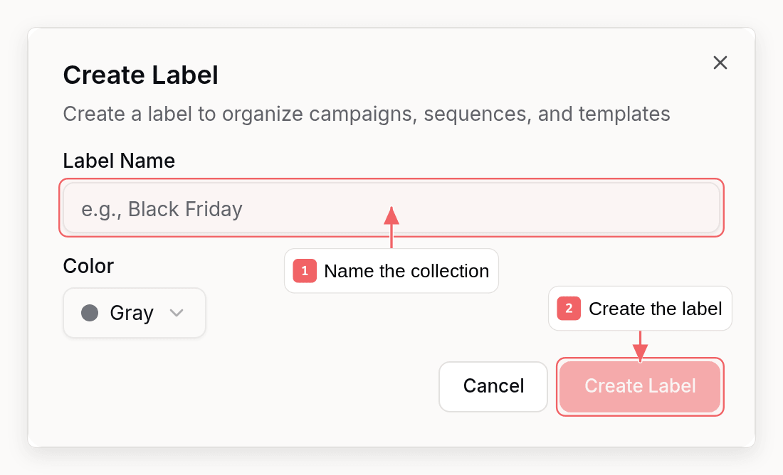Sequenzy label dialog with callouts showing label name and creation