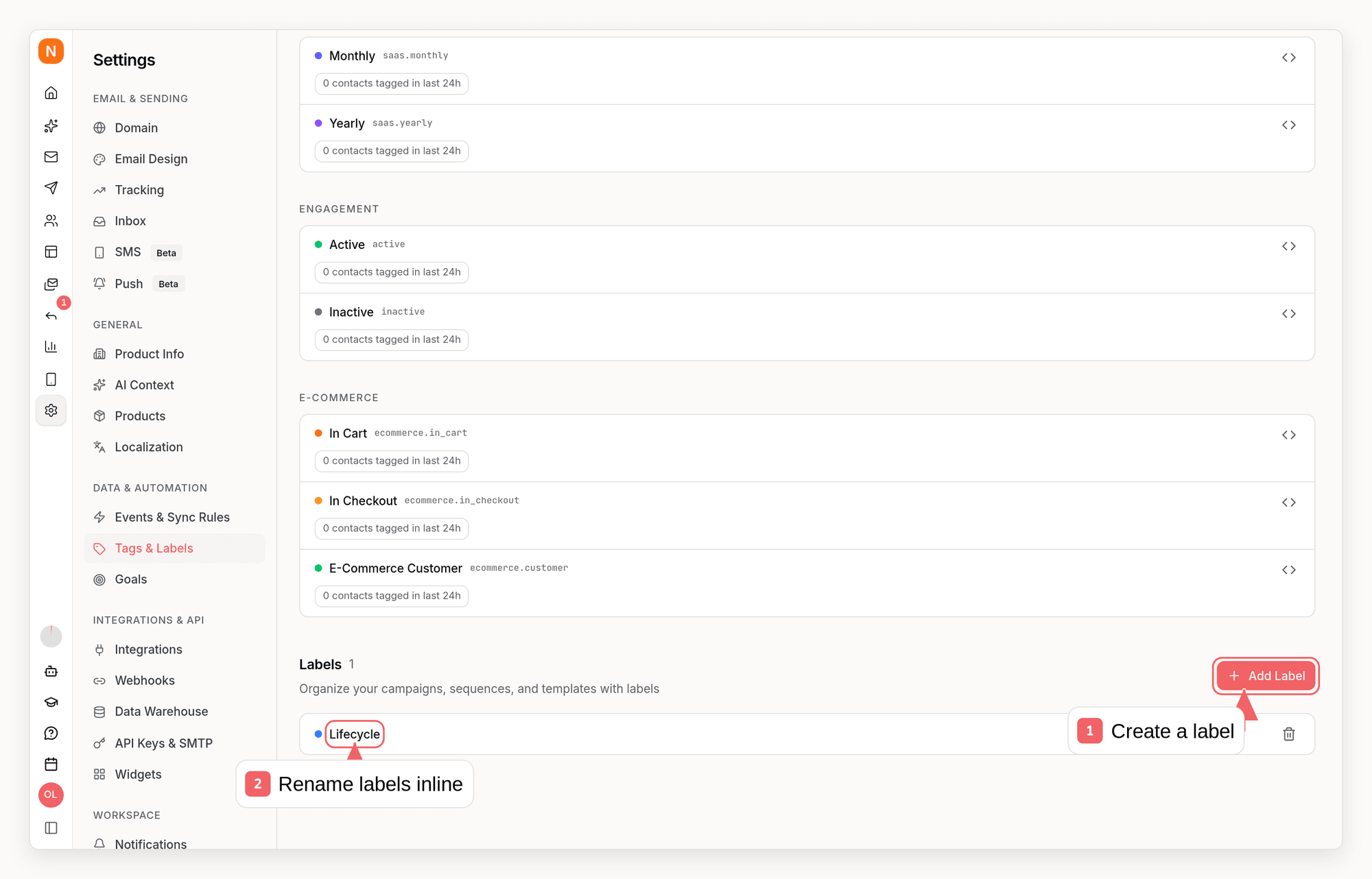 Sequenzy label settings with callouts showing reusable content labels