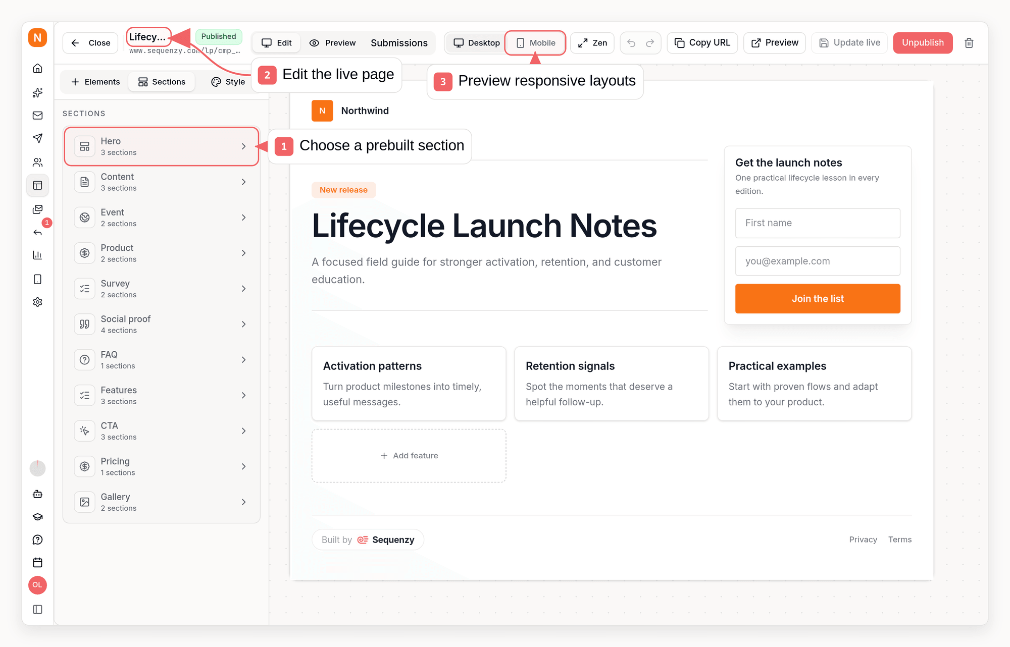 Sequenzy landing page editor with callouts showing prebuilt sections, live editing, and responsive previews