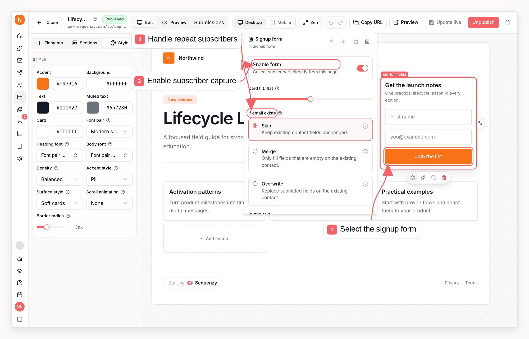 Sequenzy landing page form settings with callouts showing subscriber and audience controls