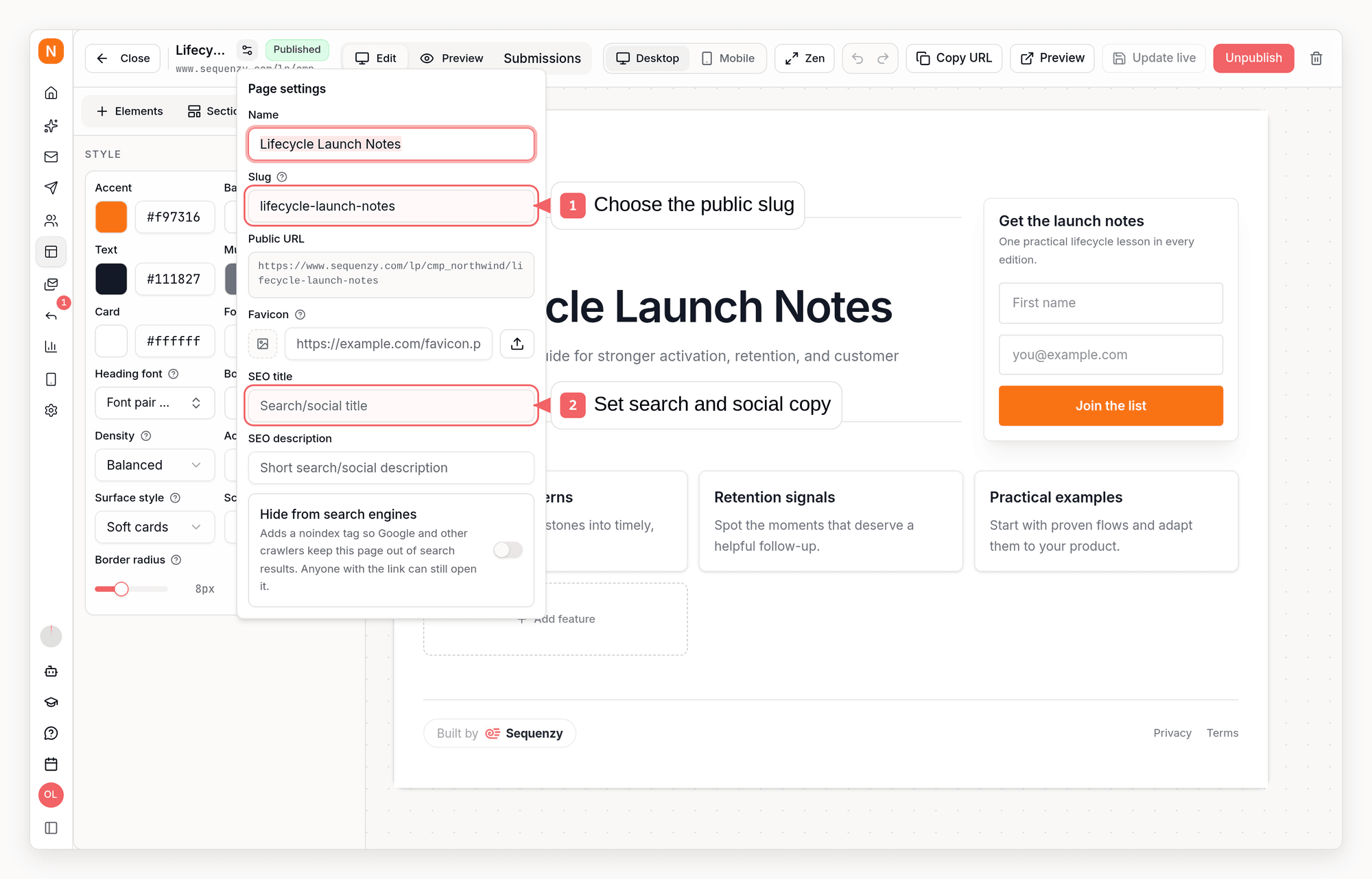 Sequenzy landing page settings with callouts showing the public slug and search metadata