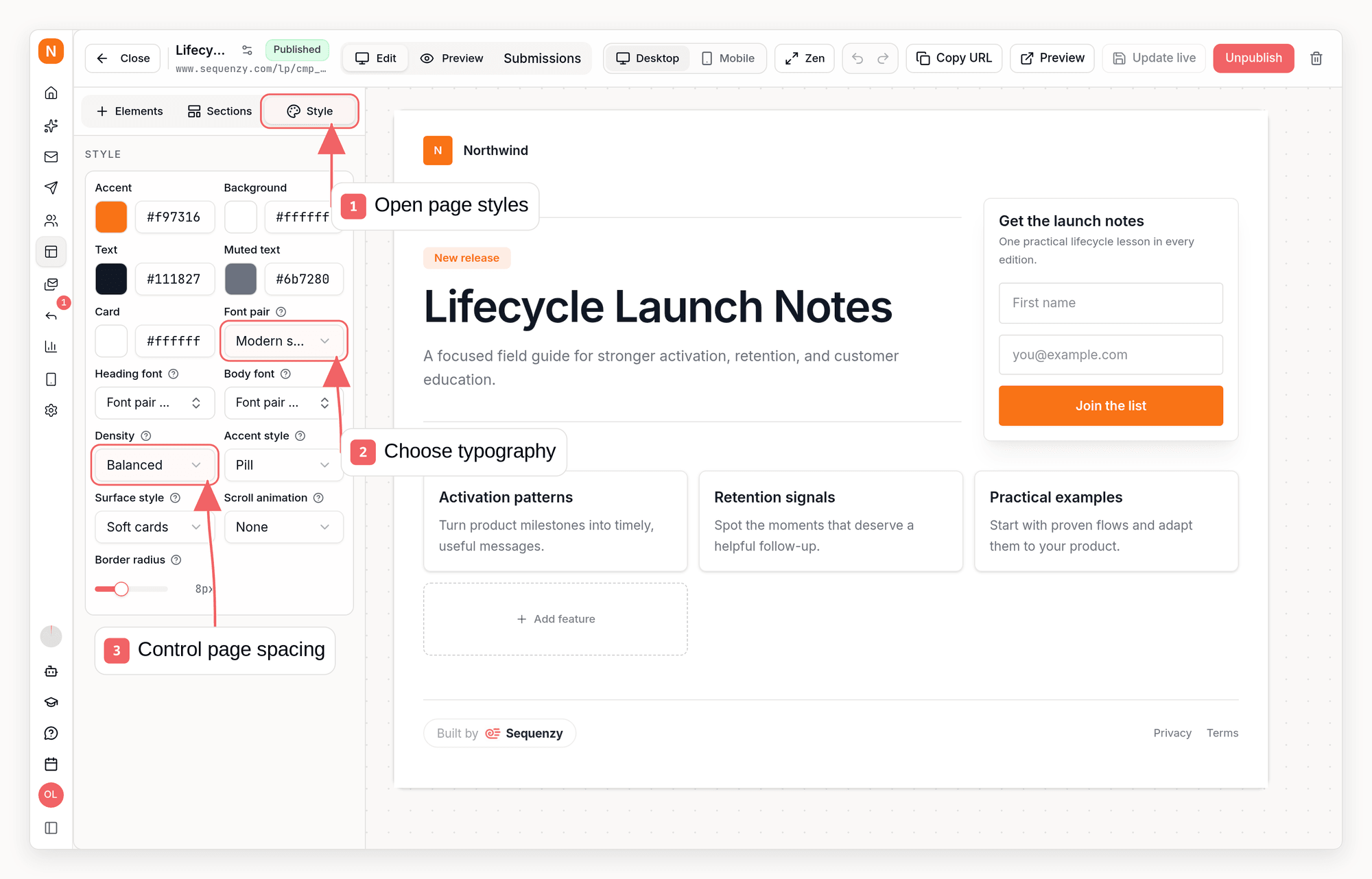 Sequenzy landing page style panel with callouts showing typography and layout controls