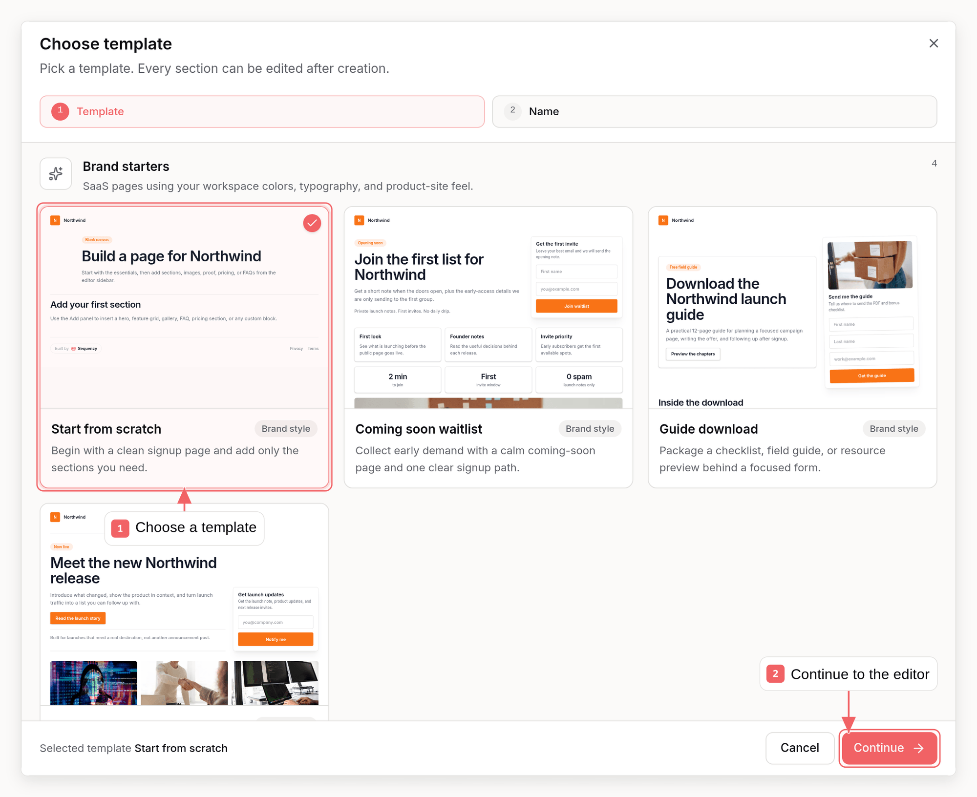 Sequenzy landing page templates with callouts showing how to choose a template and continue