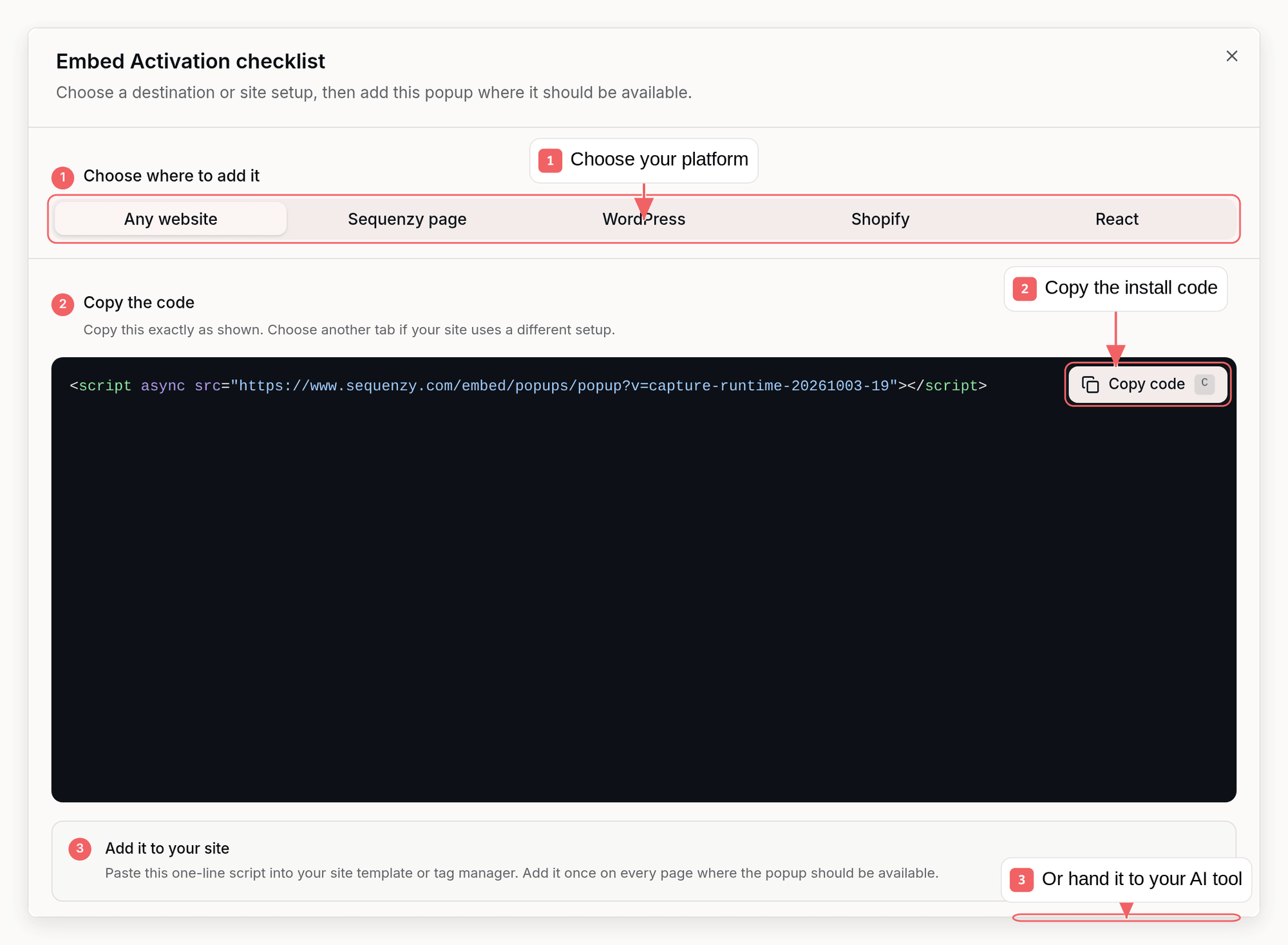 Sequenzy popup code dialog with callouts showing platform tabs, install code, and an AI-ready prompt