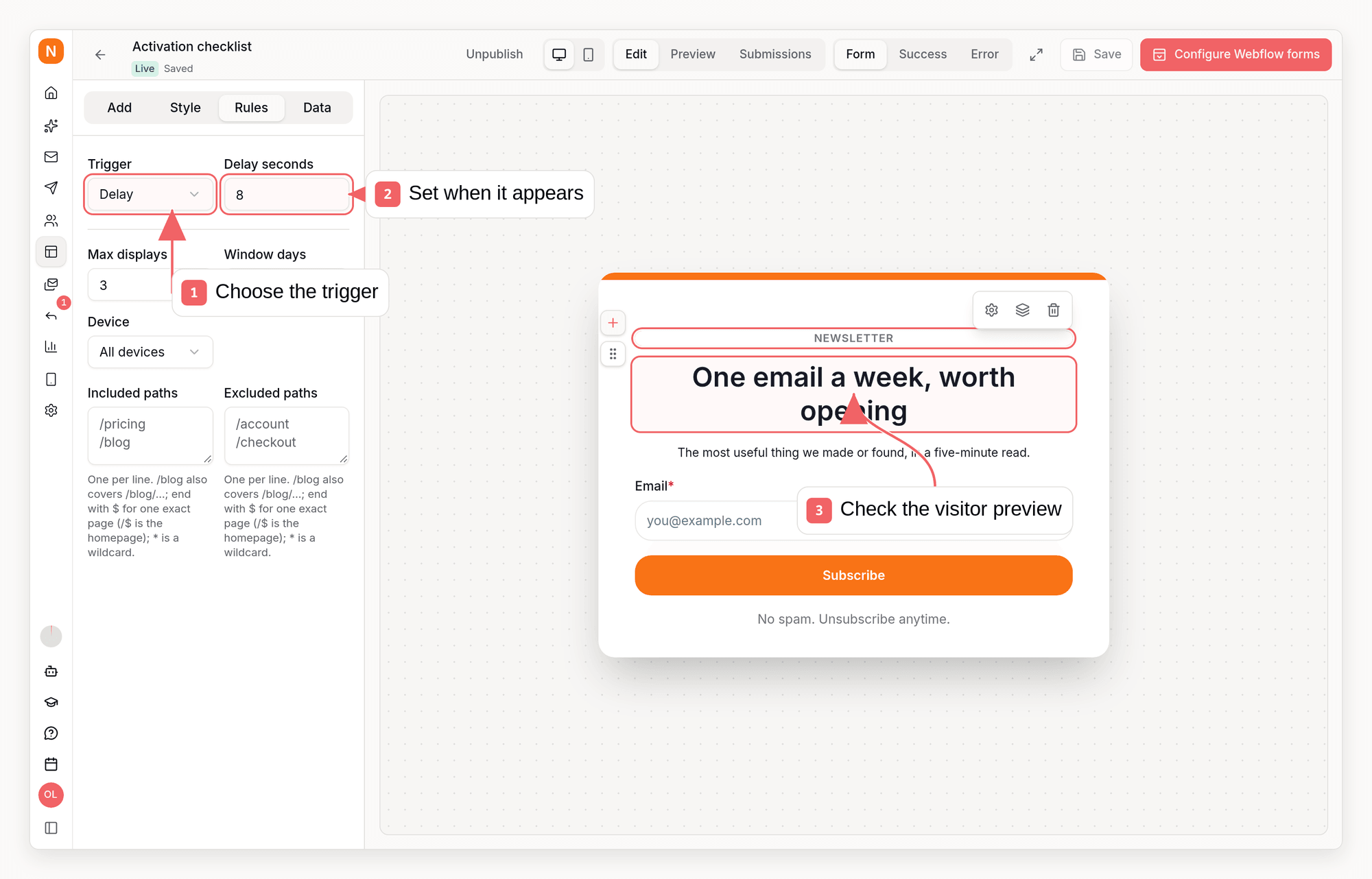 Sequenzy popup editor with callouts showing trigger rules and the visitor preview