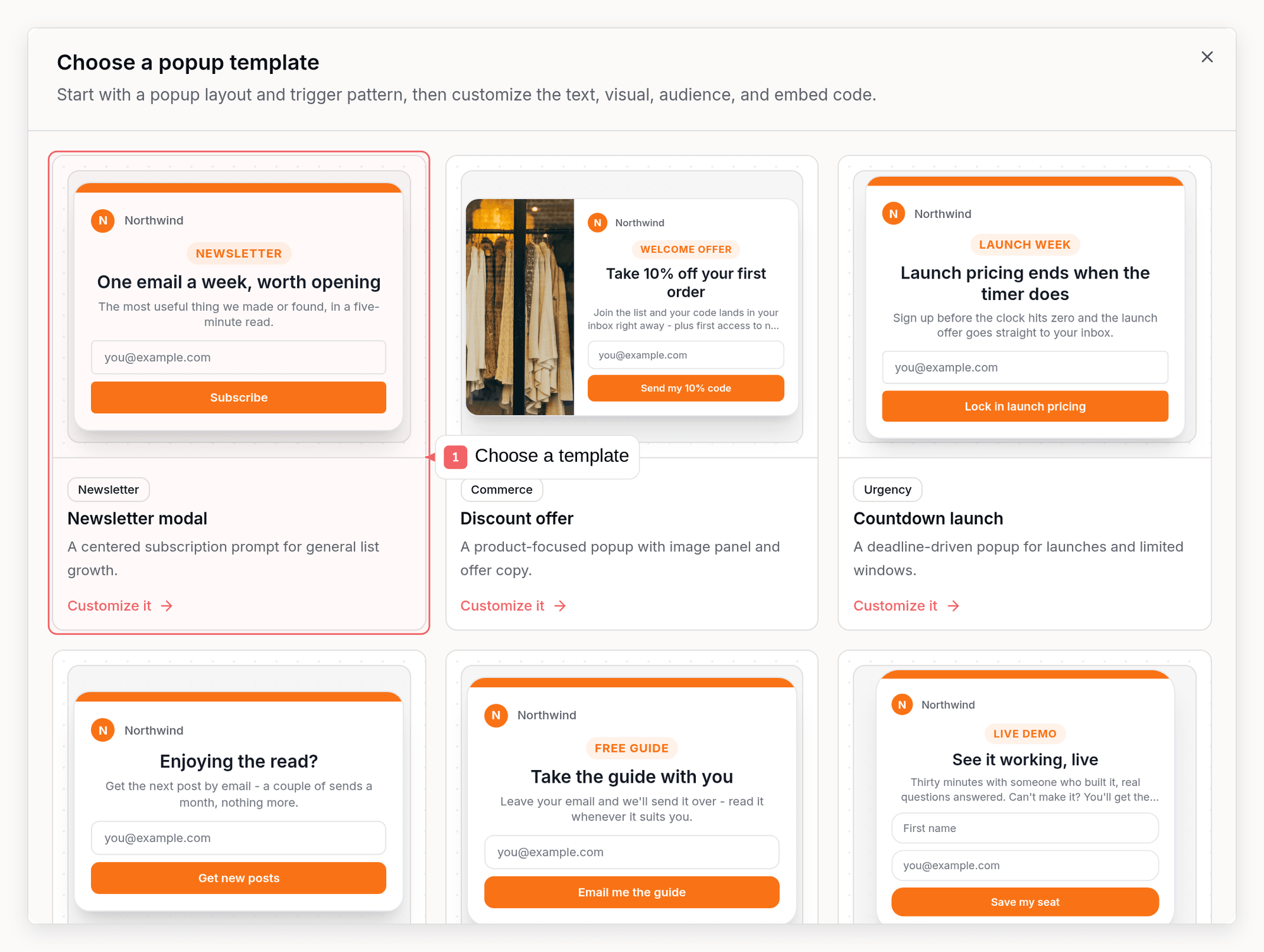 Sequenzy popup templates with callouts showing how to choose and customize a popup
