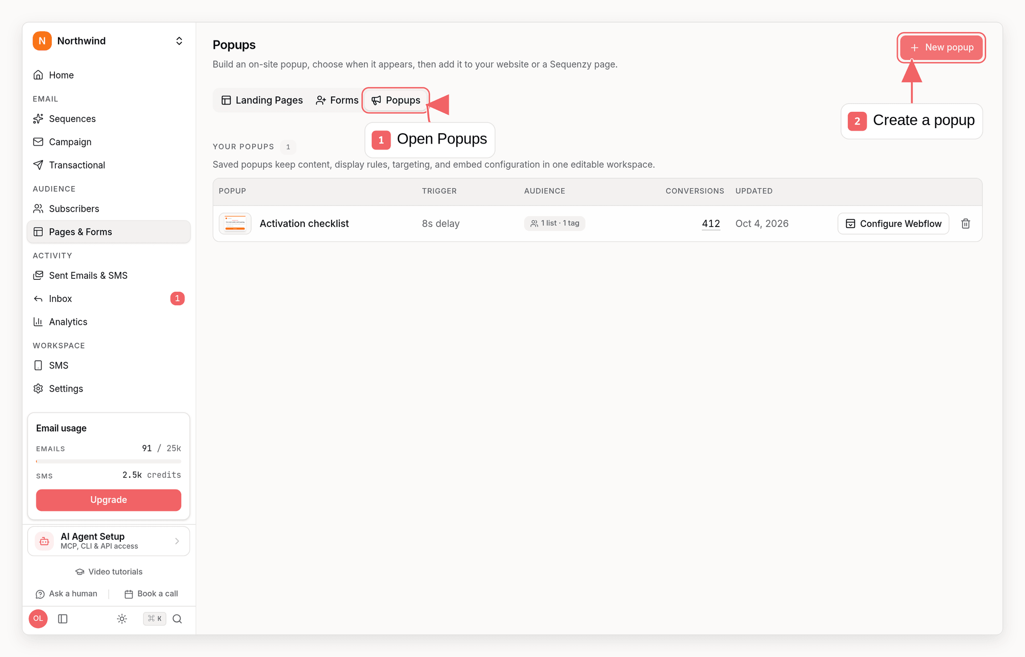 Sequenzy popups list with callouts showing saved popups and popup creation
