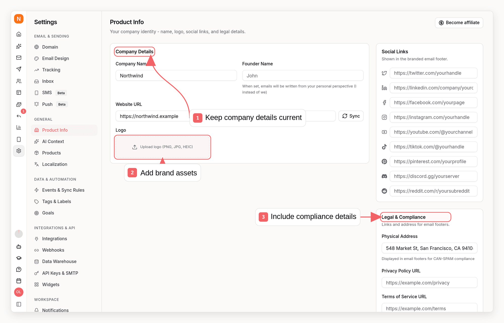 Sequenzy product settings with callouts showing company data, brand assets, and compliance