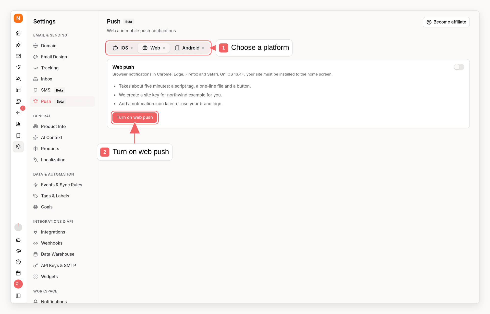 Sequenzy Push settings with callouts showing the platform switcher and the Turn on web push button