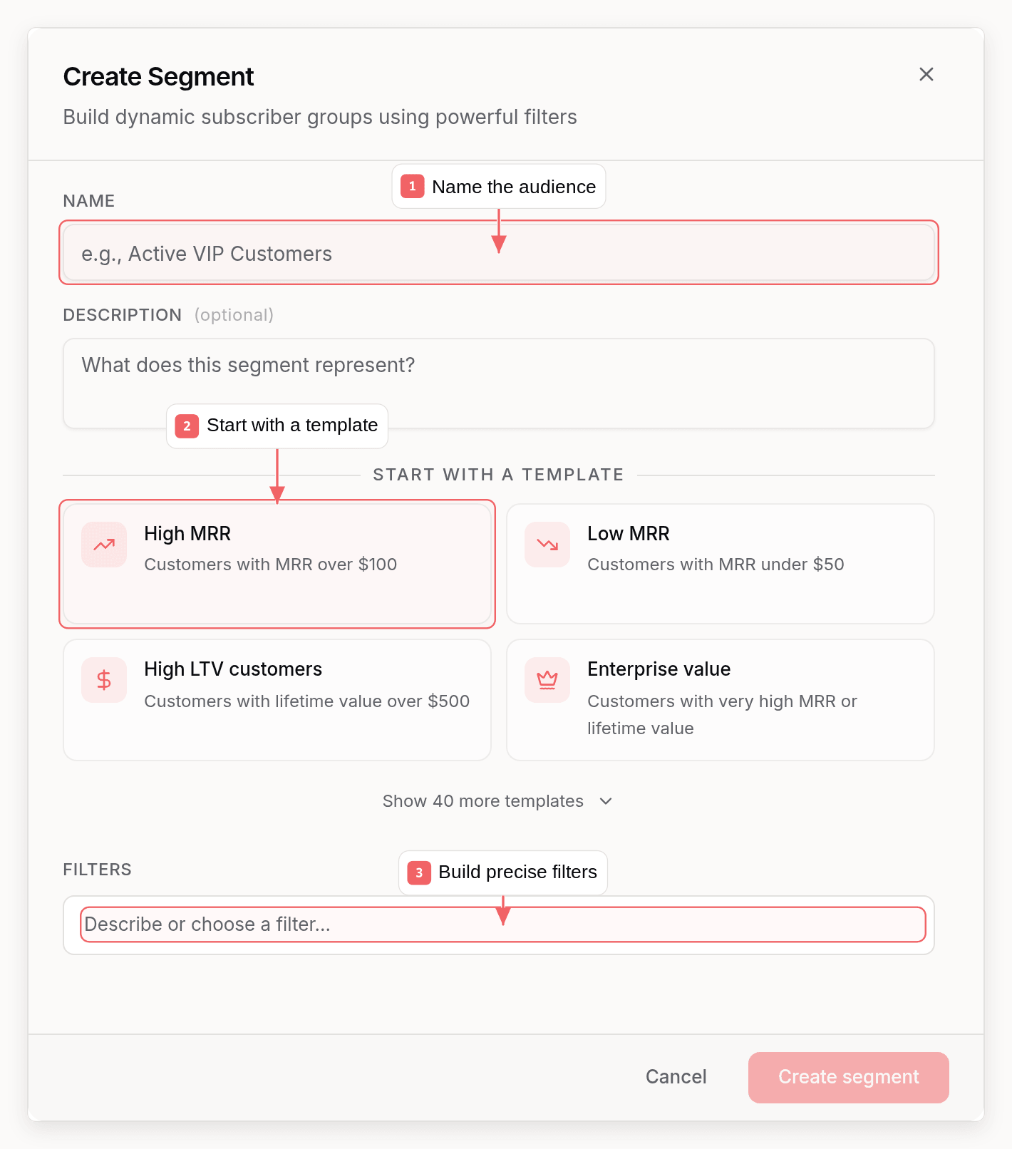 Sequenzy segment builder with callouts showing templates and precise filters