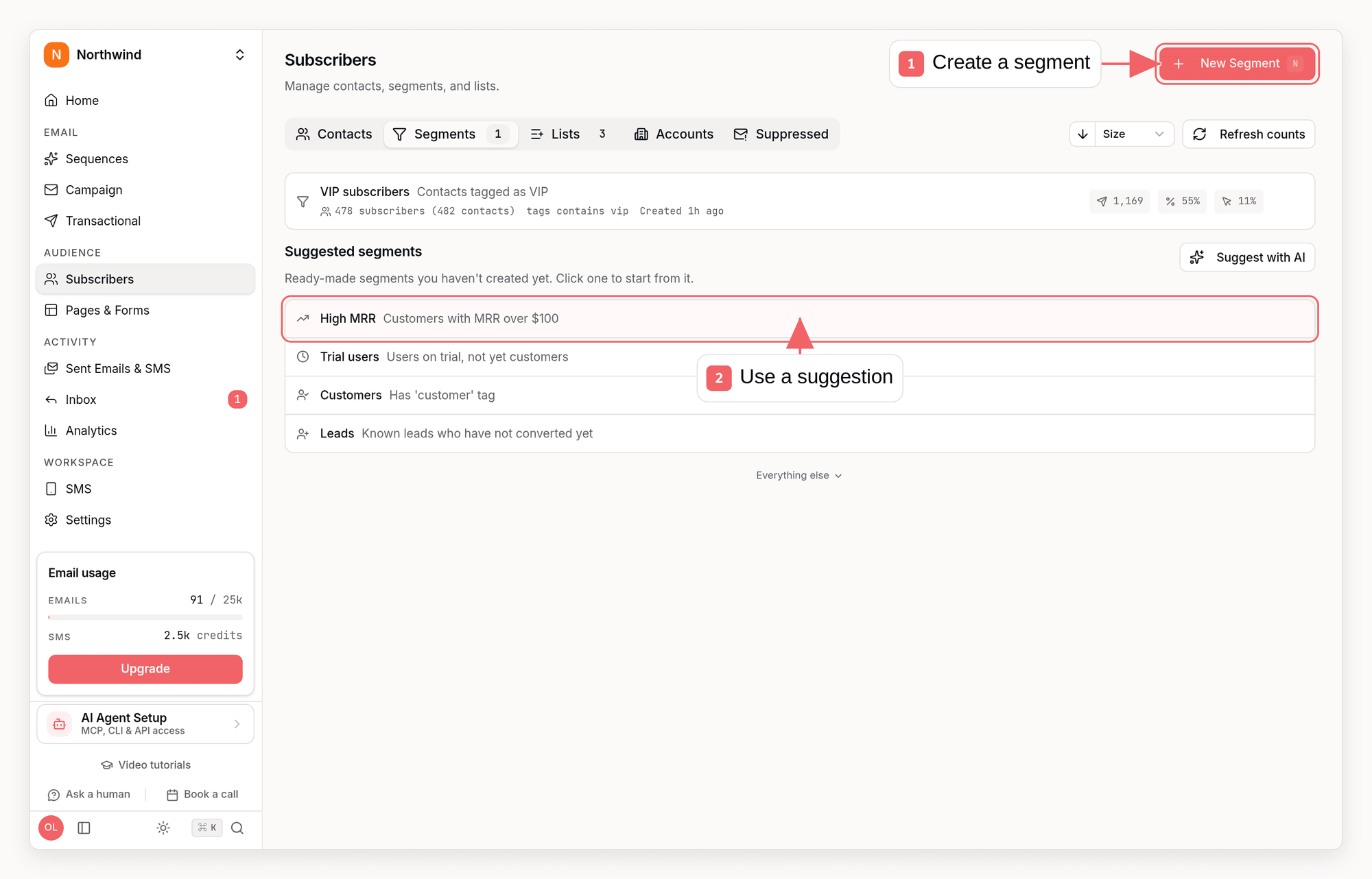 Sequenzy segments dashboard with callouts showing how to create a segment from a suggestion