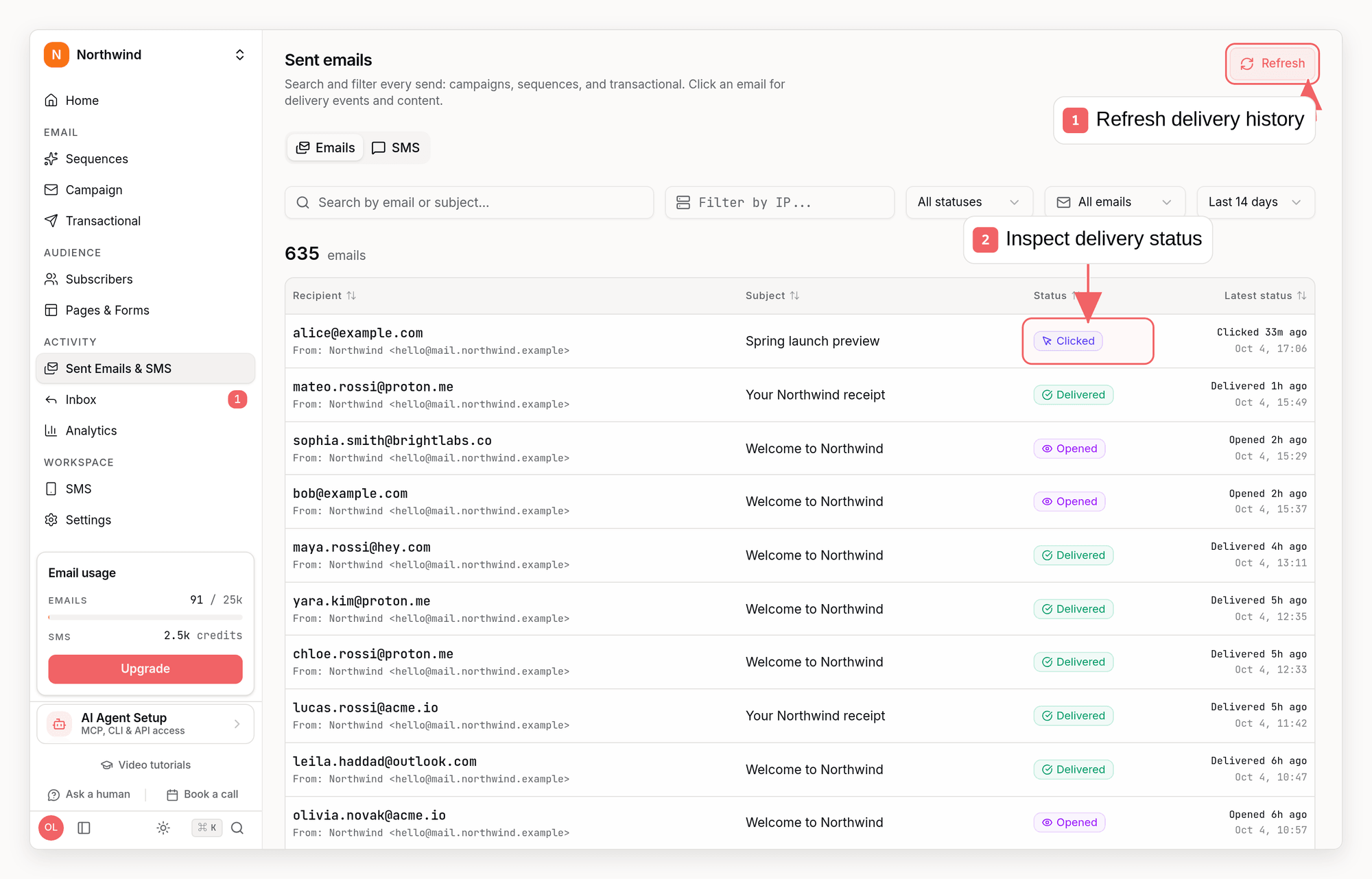Sequenzy sent email history with callouts showing delivery details and refresh controls