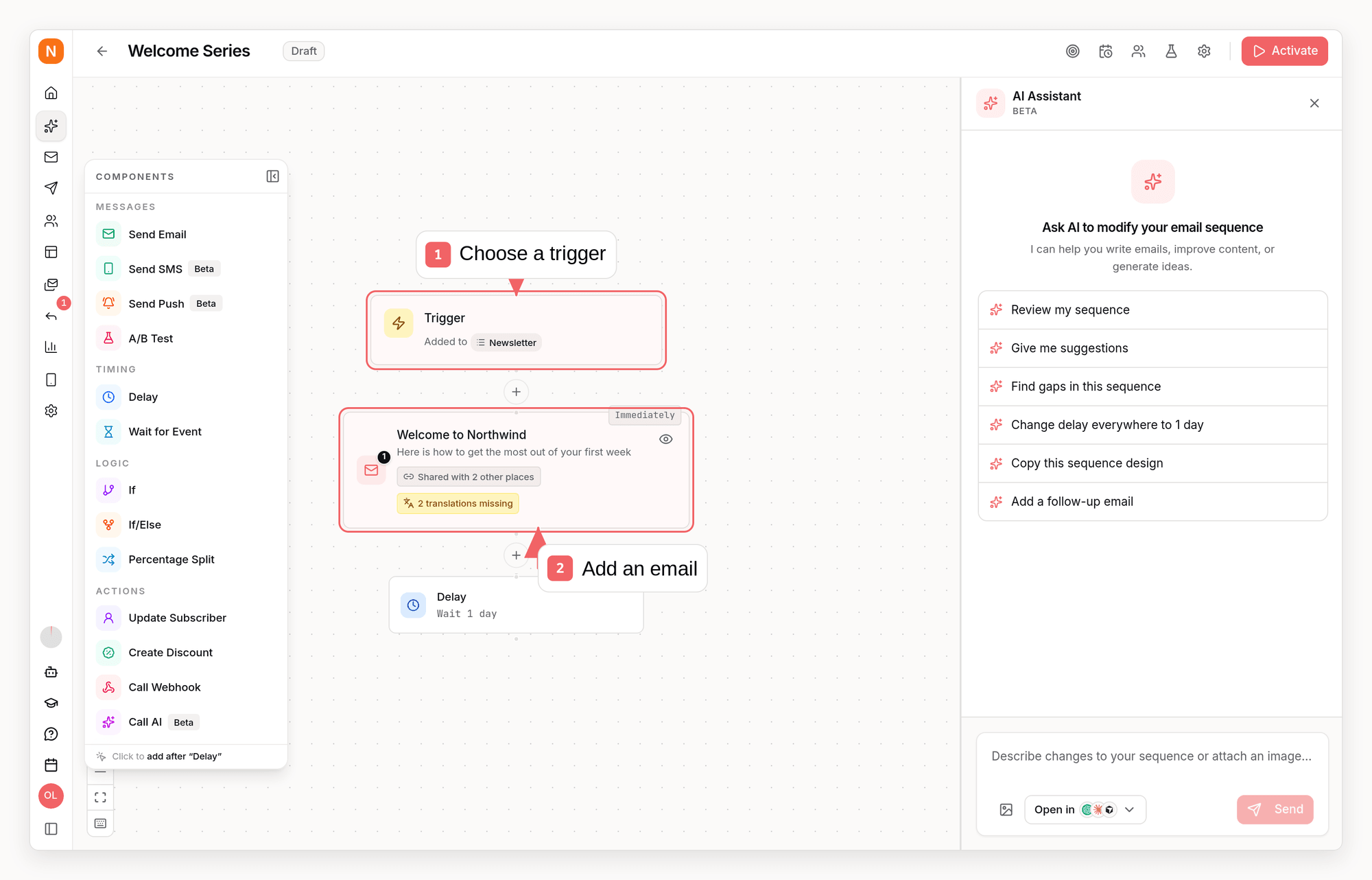 Sequenzy sequence builder with callouts showing the trigger and email steps