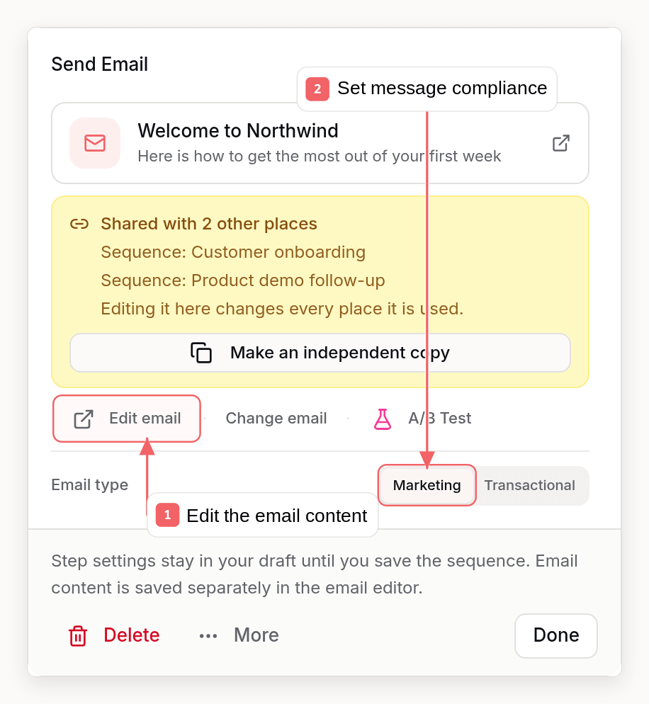 Sequenzy email sequence step with callouts showing content and compliance controls