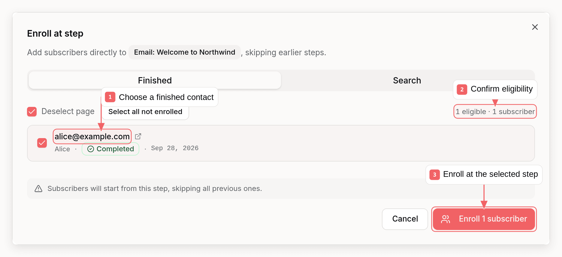 Enroll at step dialog showing finished subscribers, search, selection controls, and the target step