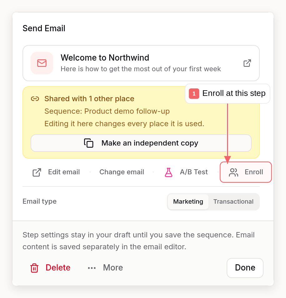 Sequence email step popover with the Enroll action highlighted