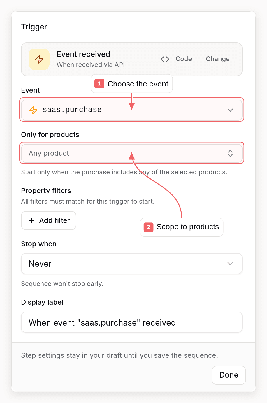 Sequenzy event trigger editor with callouts showing event and property filters