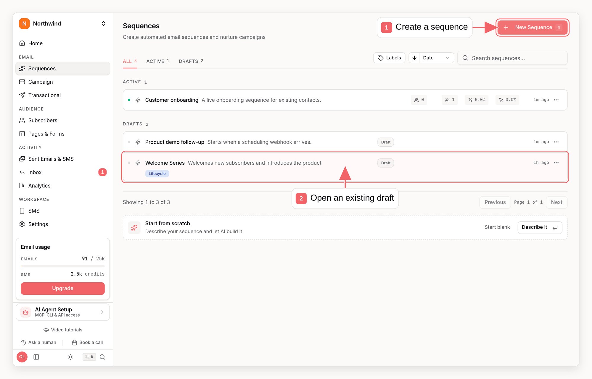 Sequenzy sequence list with callouts showing how to create and open an automation