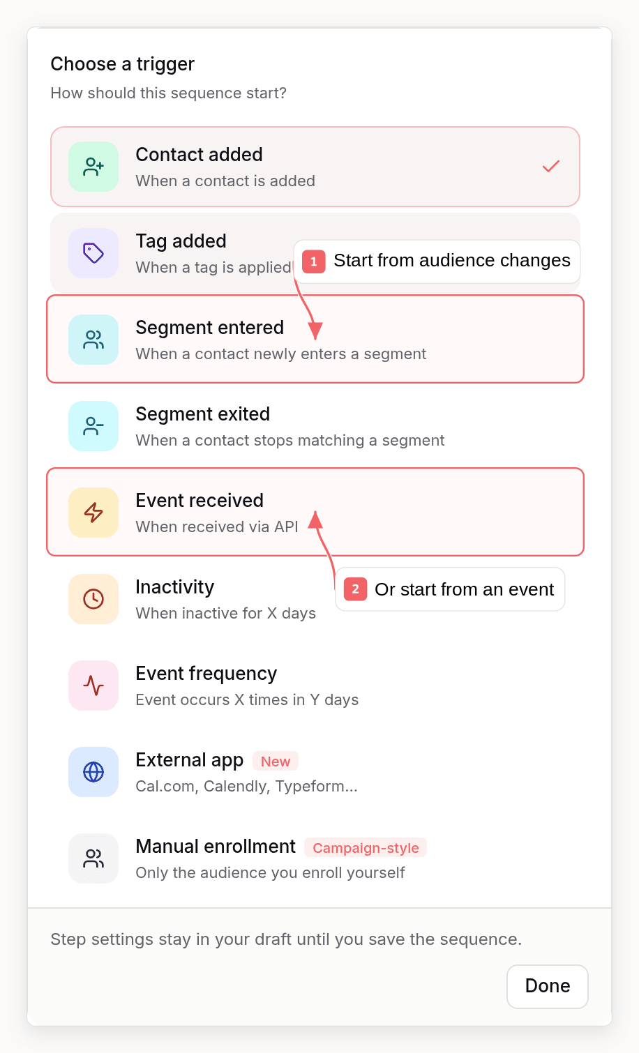 Sequenzy trigger picker with callouts showing segment and event triggers
