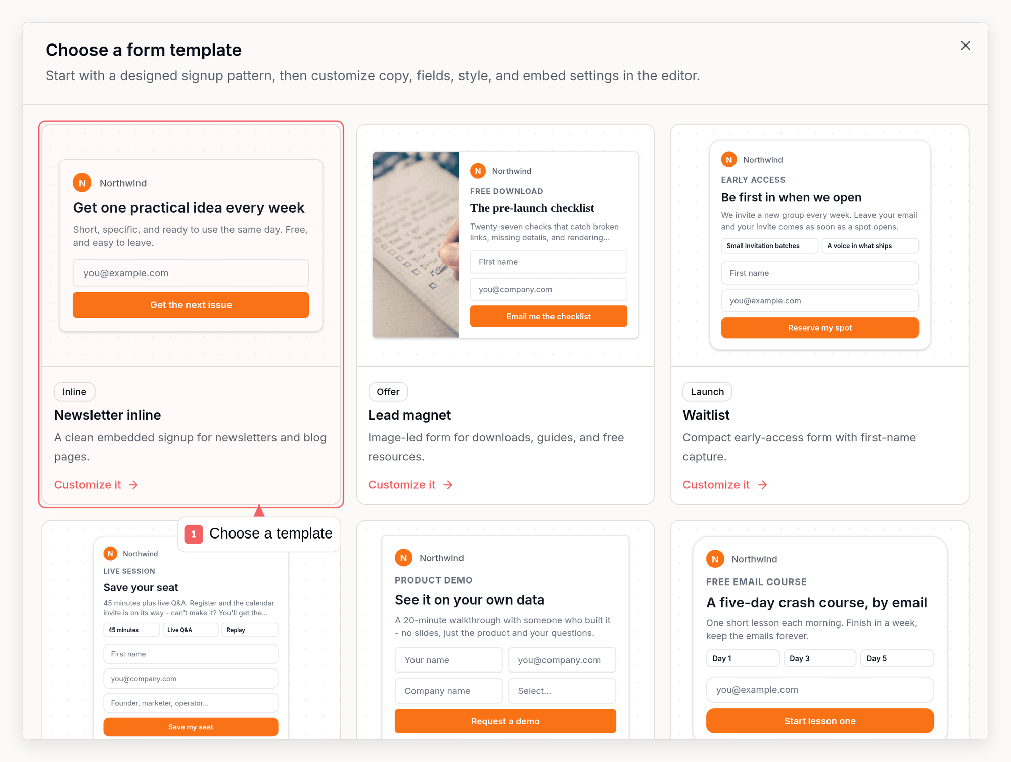 Sequenzy signup form templates with callouts showing how to choose and customize a form
