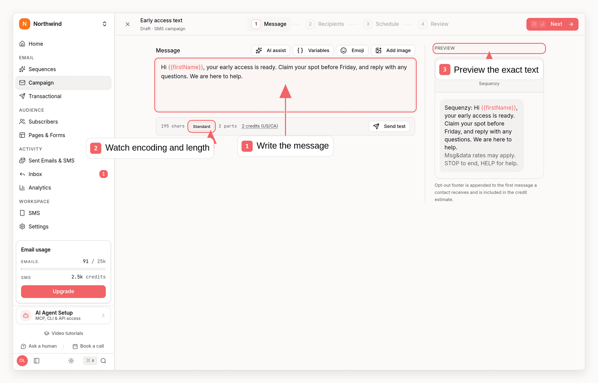 SMS campaign composer showing message content, segment and credit counts, and the phone preview