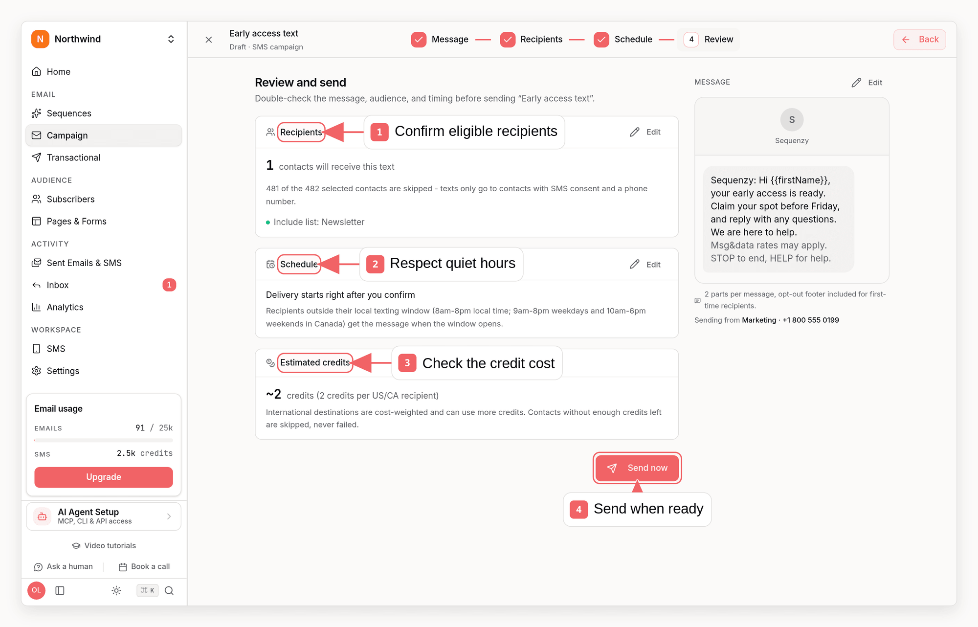 SMS campaign review showing eligible and skipped recipients, delivery timing, estimated credits, and the final phone preview