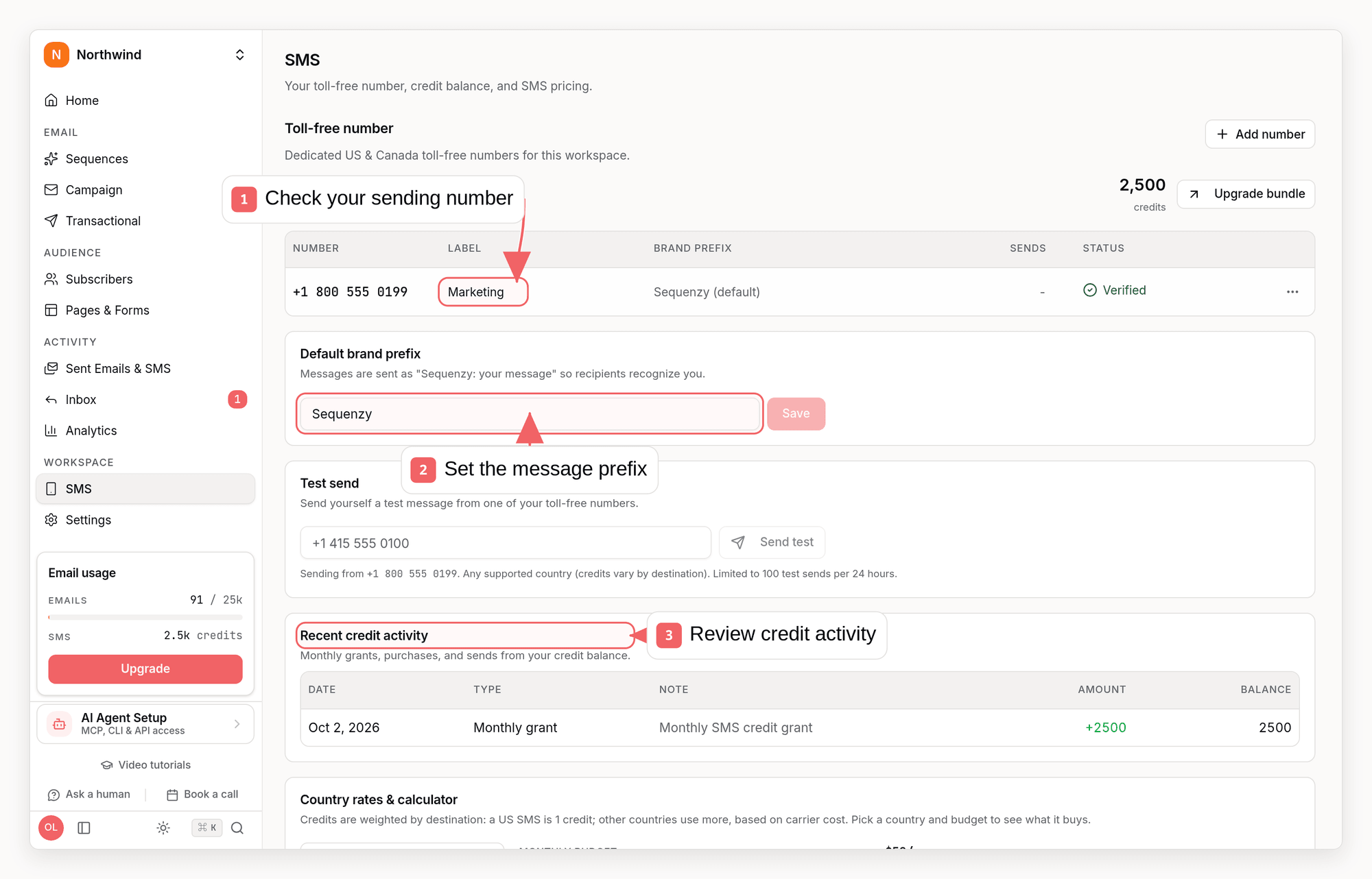 Sequenzy SMS dashboard with a callout showing the SMS setup area