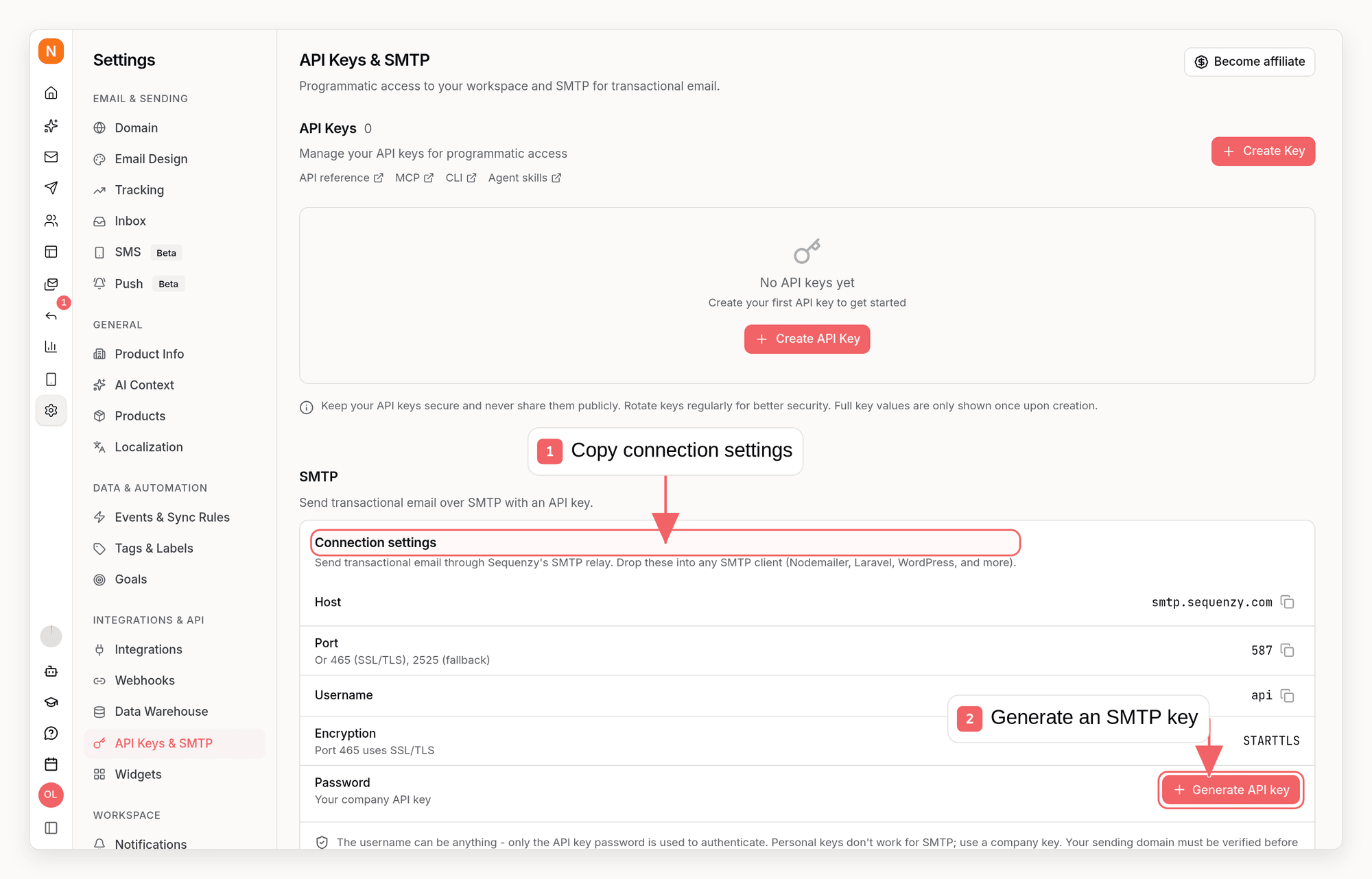 Sequenzy SMTP settings with callouts showing connection details and API key creation