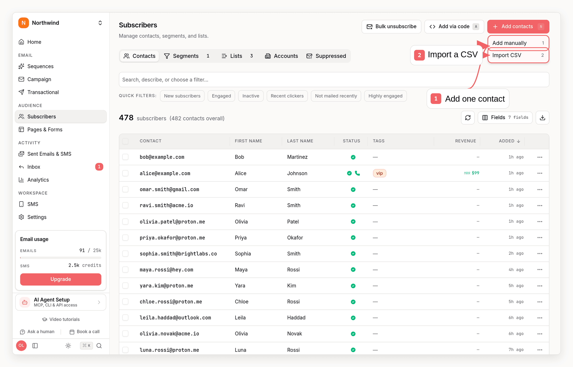 Sequenzy subscribers page with callouts showing manual contact creation and CSV import