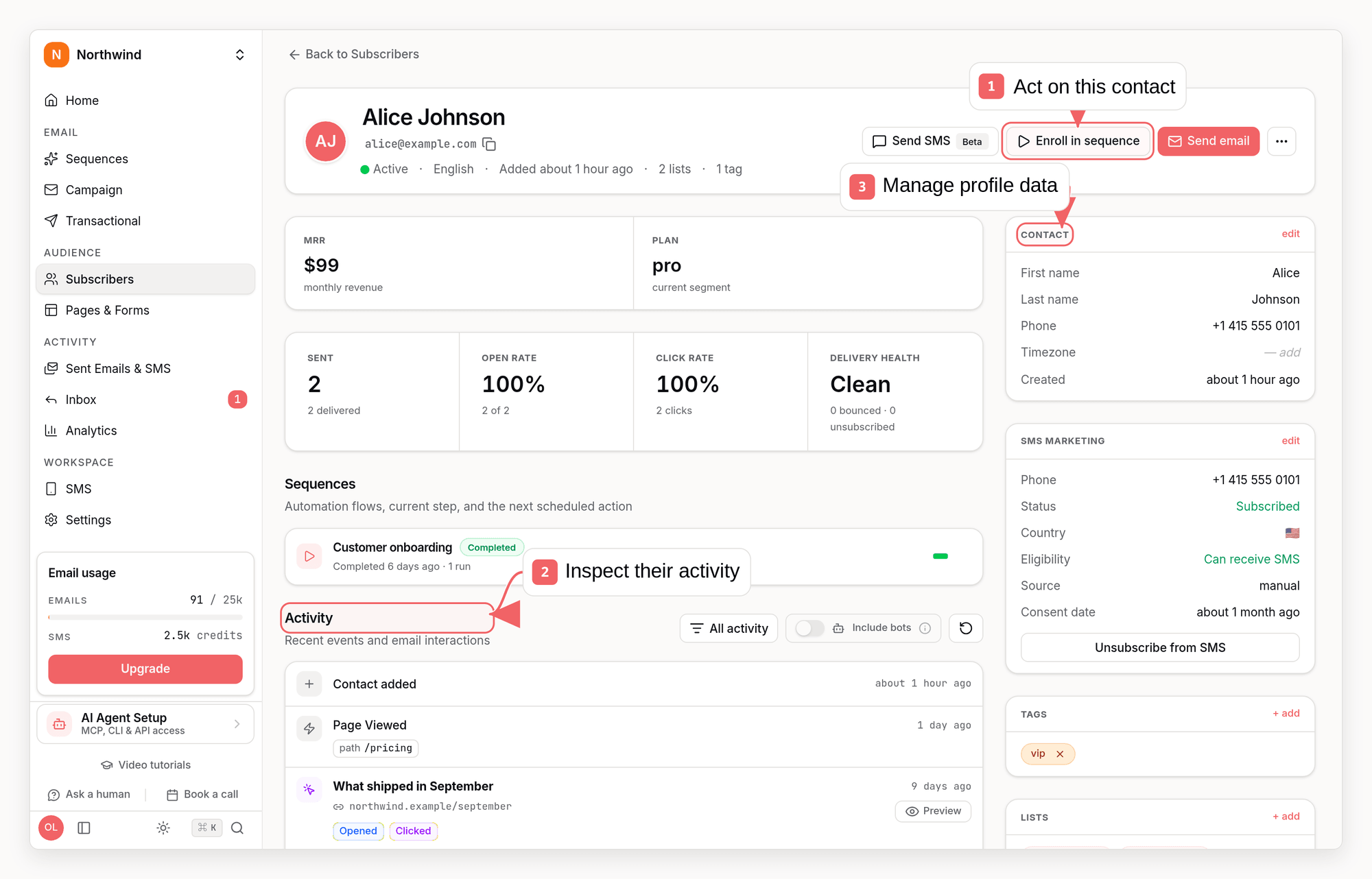 Sequenzy subscriber profile with callouts showing activity and custom attributes