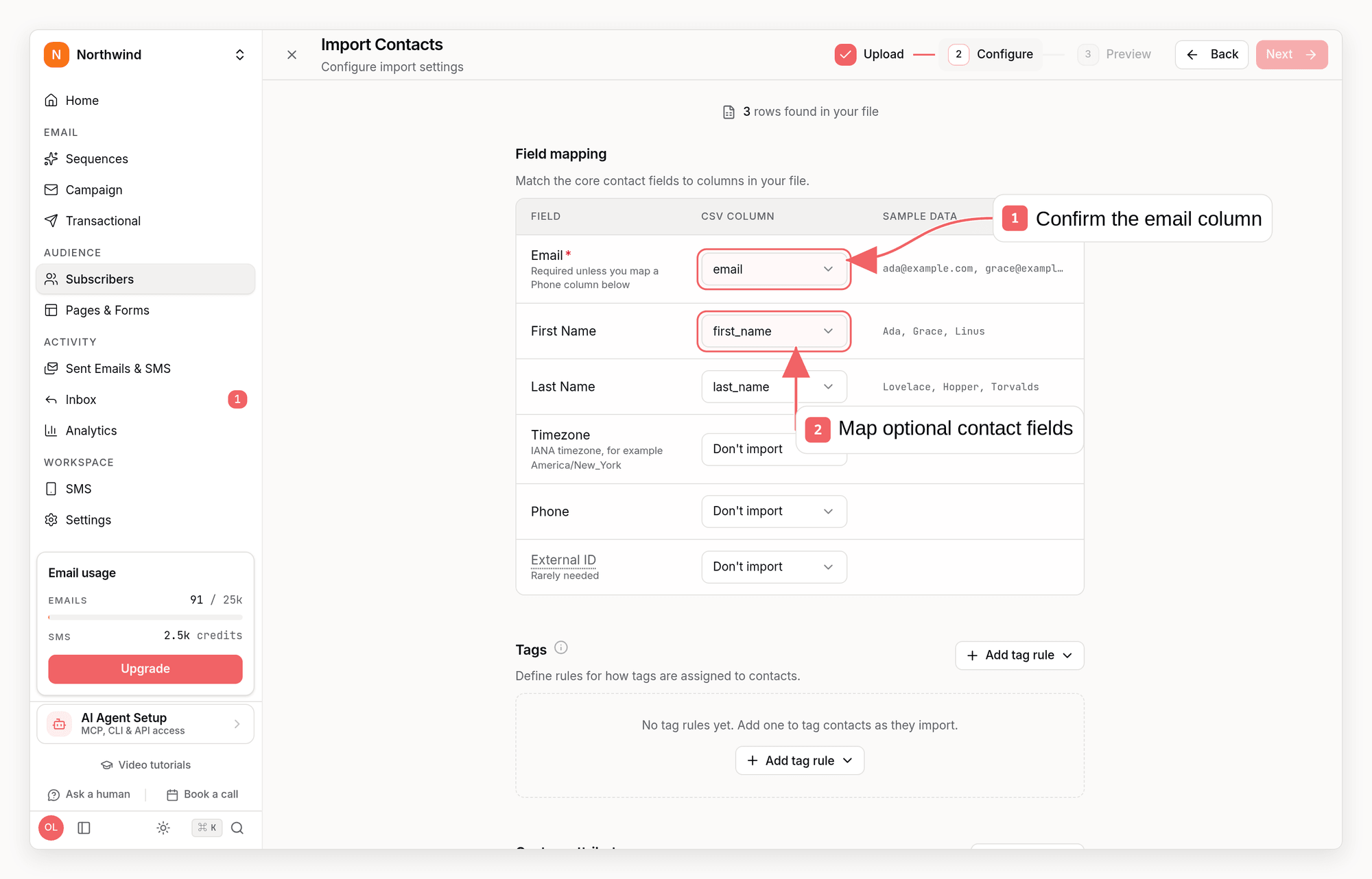 Sequenzy CSV subscriber import with callouts showing required and optional field mapping