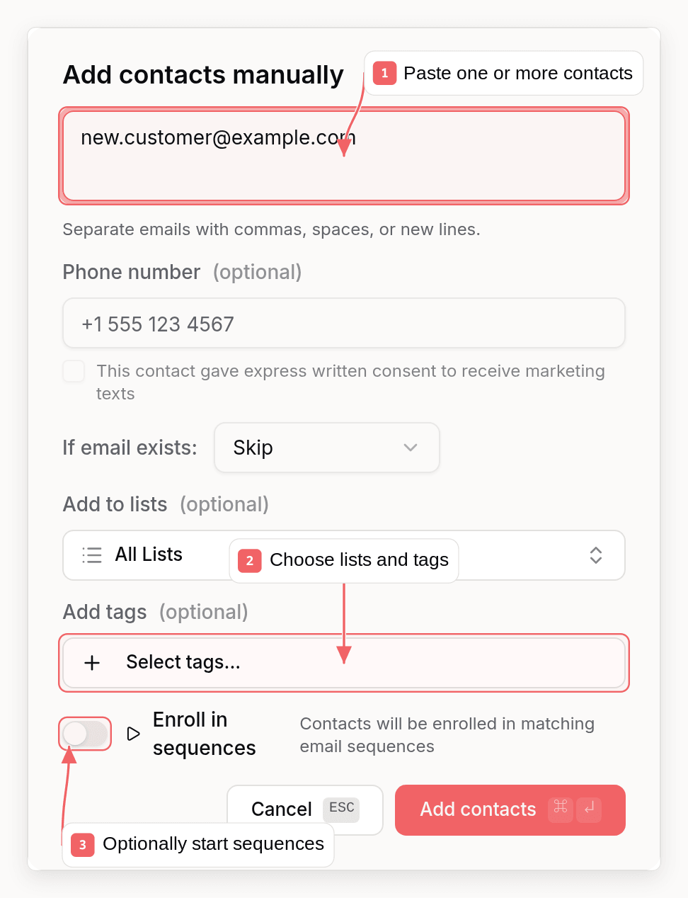 Sequenzy manual contact dialog with callouts showing contact data, audience choices, and sequence enrollment
