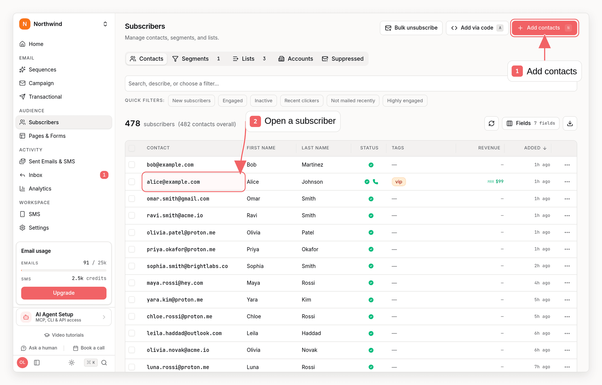 Sequenzy subscribers dashboard with callouts showing how to add and open contacts