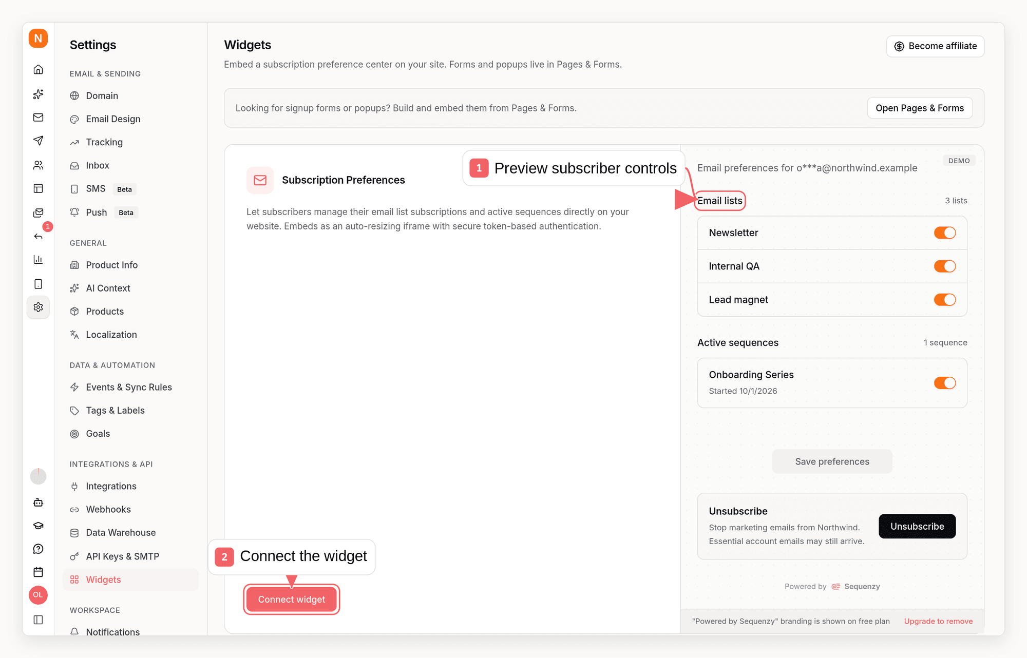 Sequenzy subscription preferences settings with callouts showing the subscriber preview and widget connection