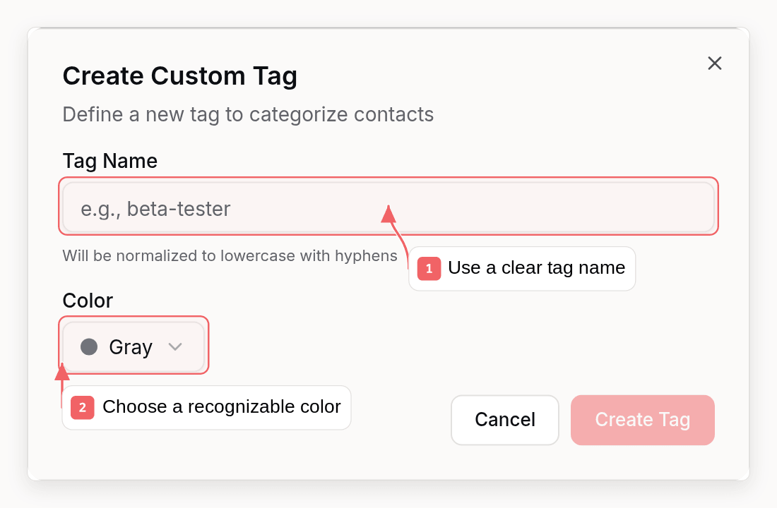 Sequenzy custom tag dialog with callouts showing tag naming and color