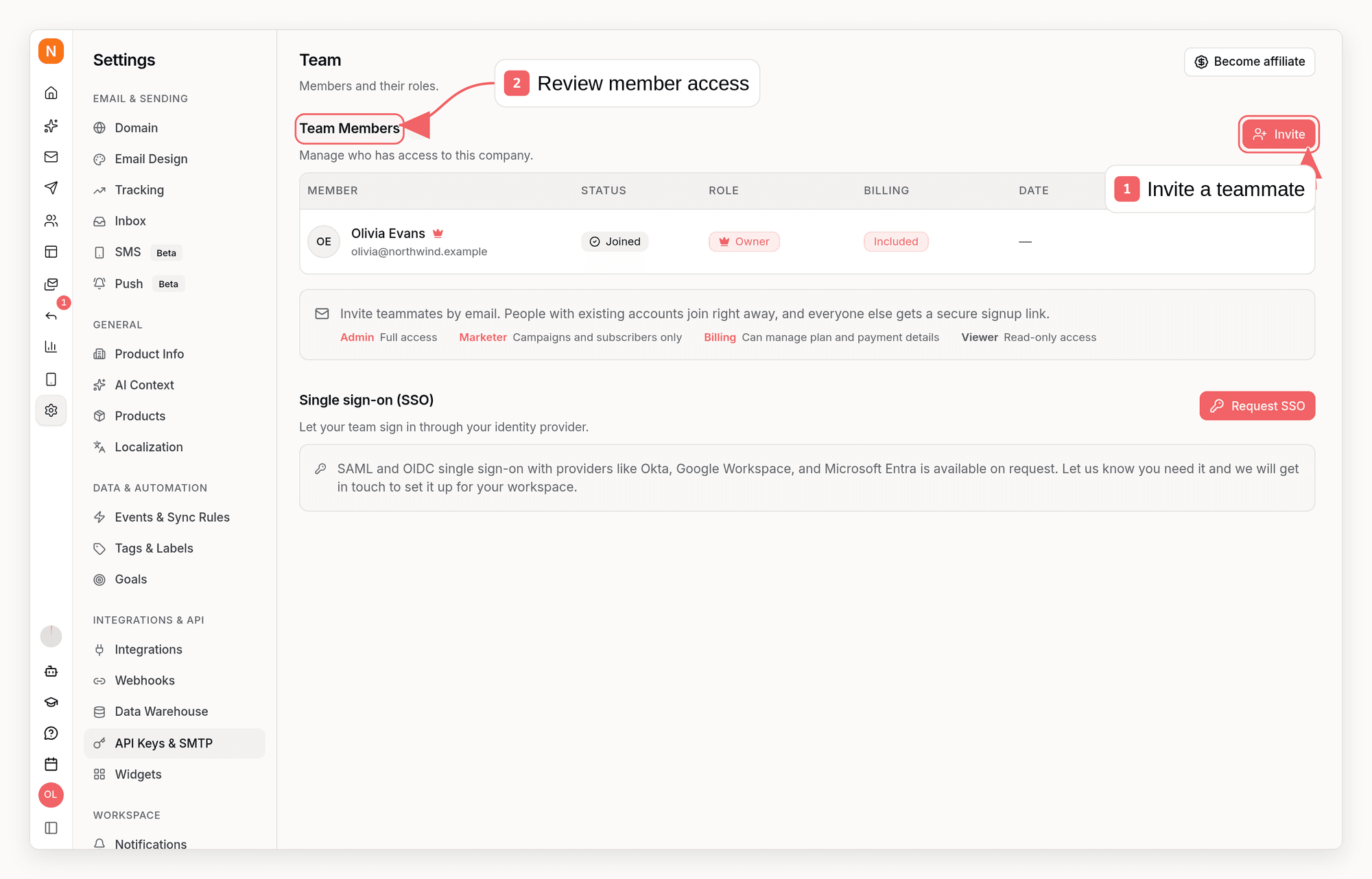 Sequenzy team settings with callouts showing invitations and member access
