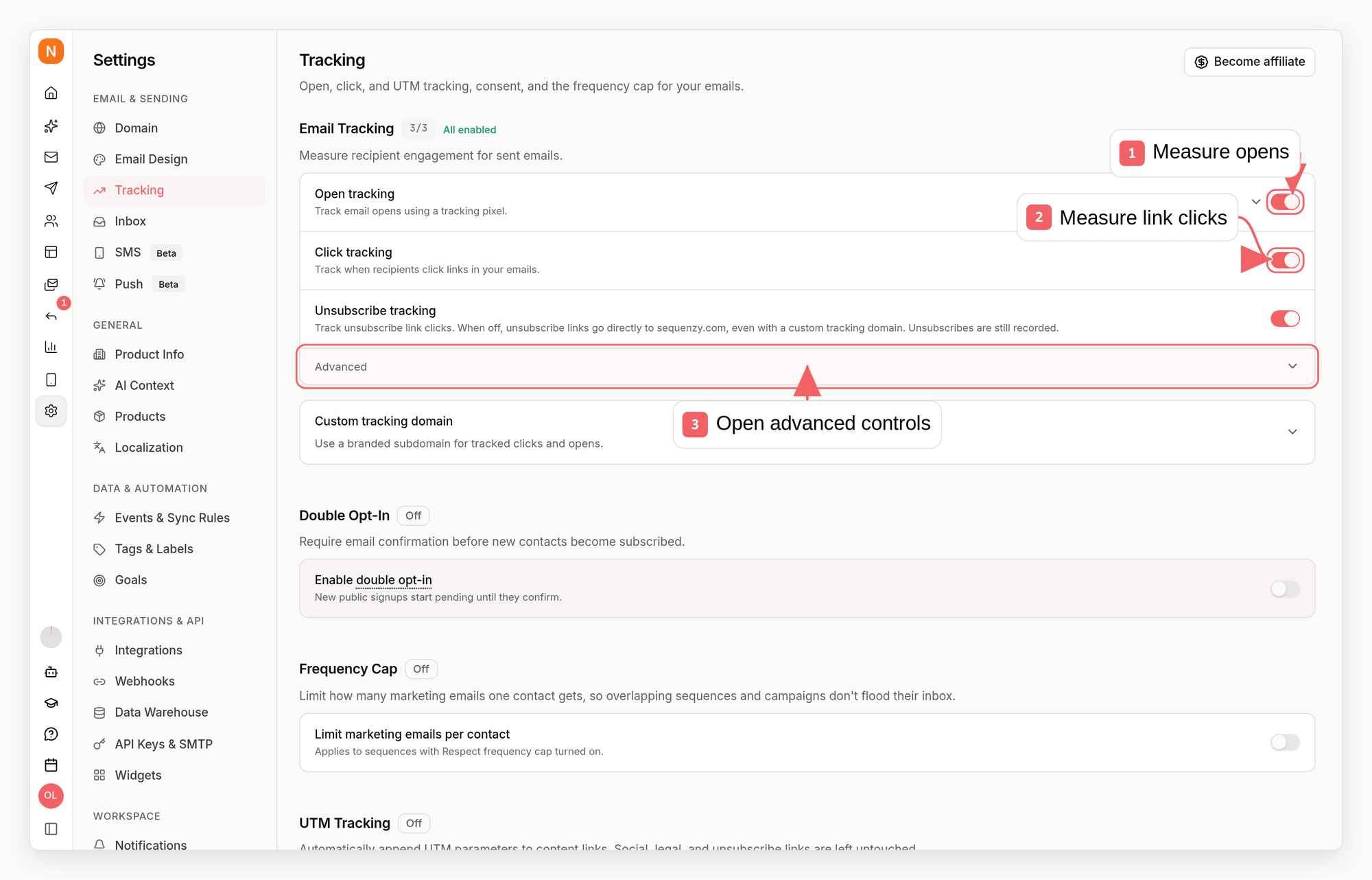 Sequenzy email tracking settings with callouts showing opens, clicks, and advanced controls