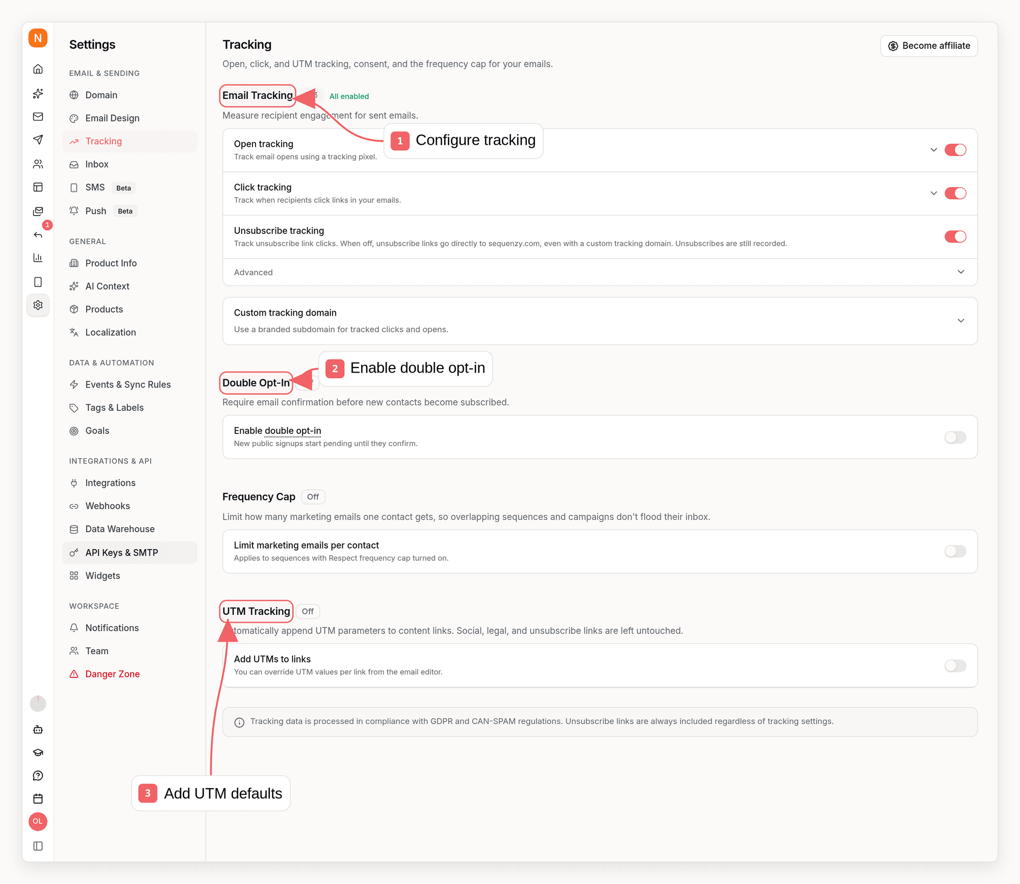 Sequenzy tracking settings with callouts showing email tracking, double opt-in, and UTM defaults