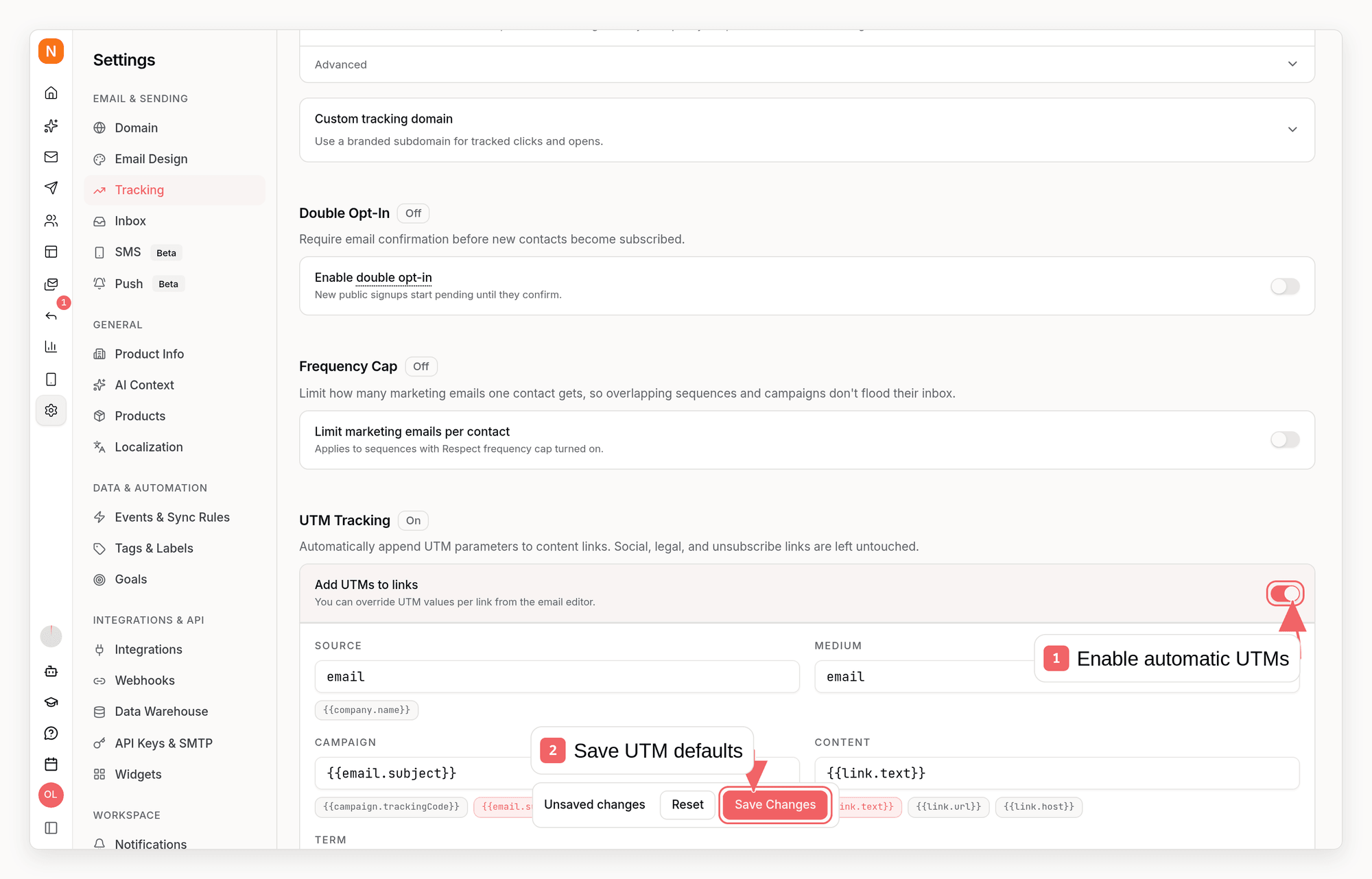 Sequenzy UTM settings with callouts showing automatic tagging and campaign defaults