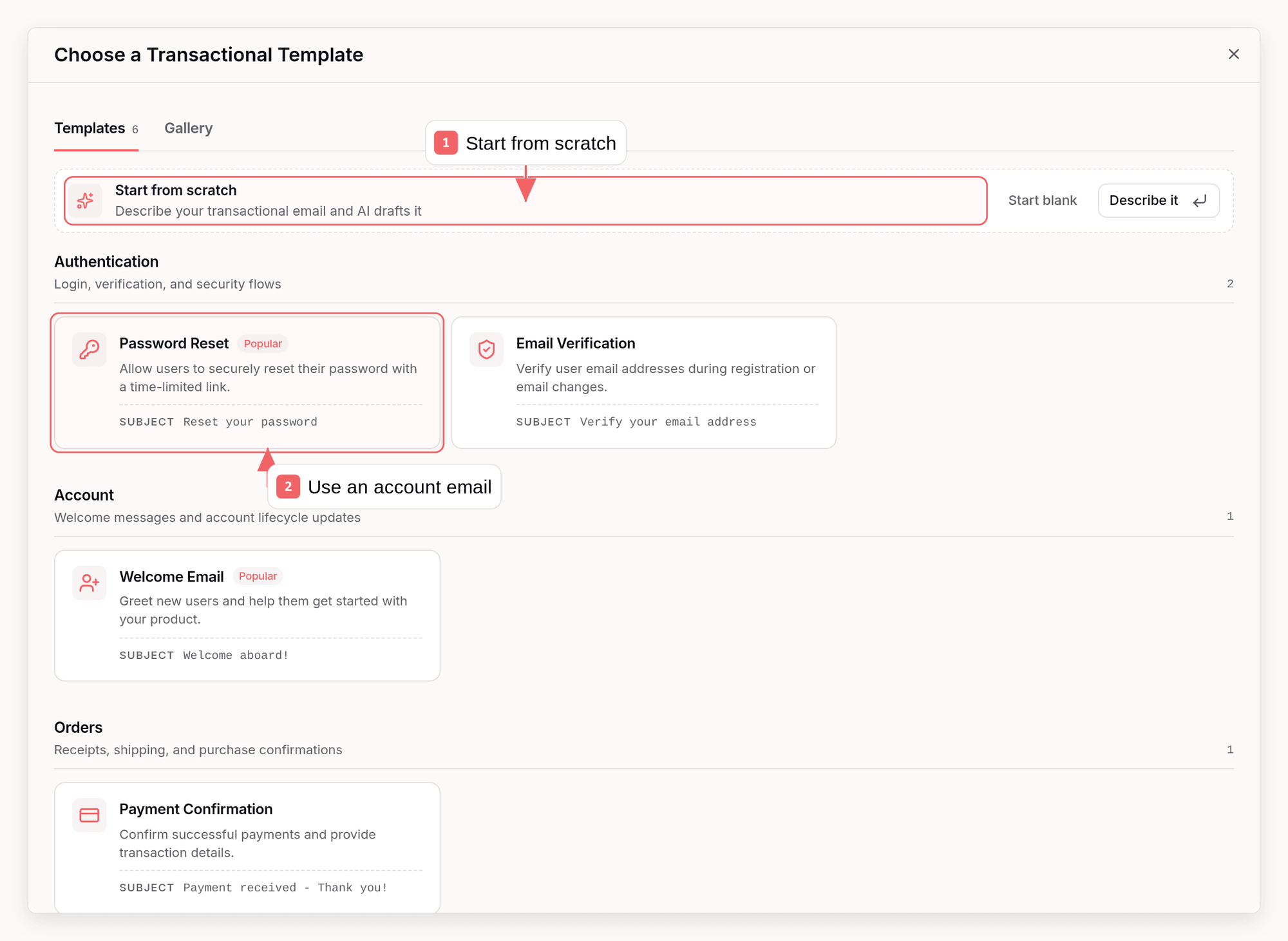 Sequenzy transactional template picker with callouts showing common template types